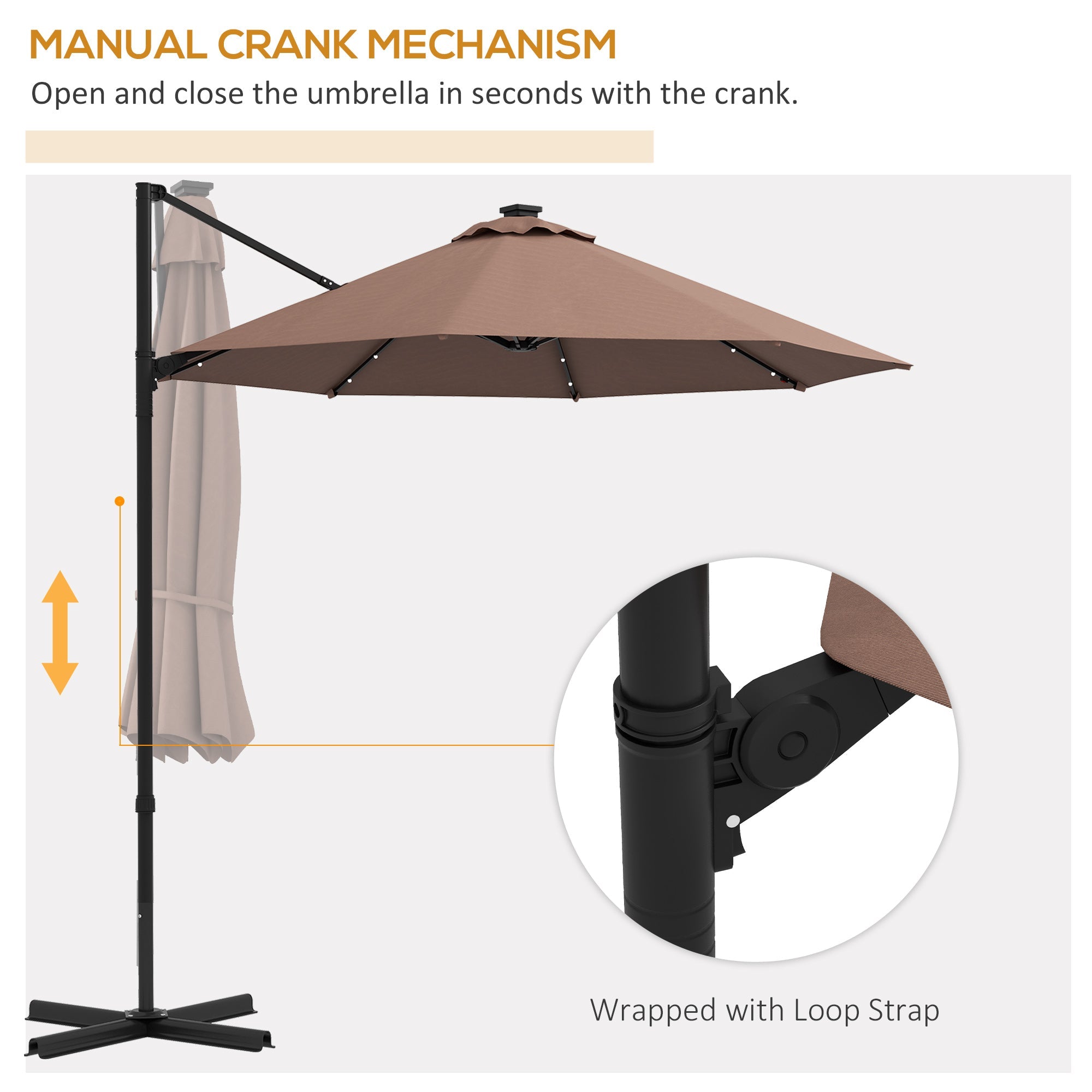 Outsunny 9.6'x8.5' Cantilever Umbrella Solar LED Lights Rectangle Hanging Offset 360° Rotation