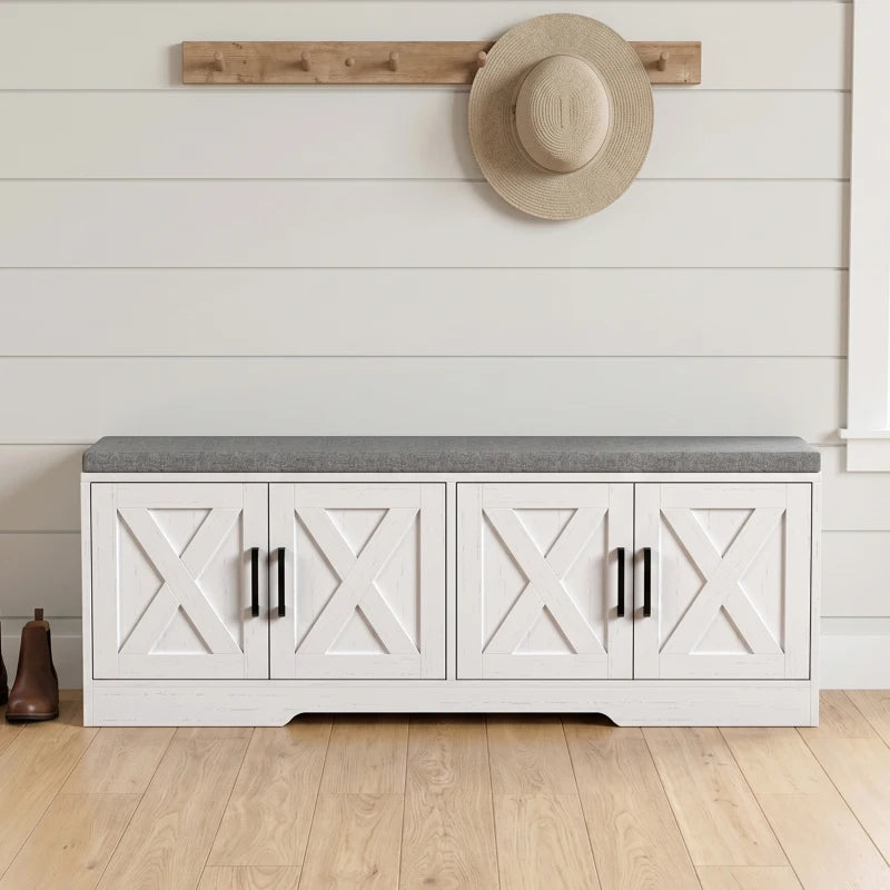 HOMCOM Farmhouse Shoe Storage Bench with Cushion, Entryway Bench with Adjustable Shelves & Cabinet Doors, White