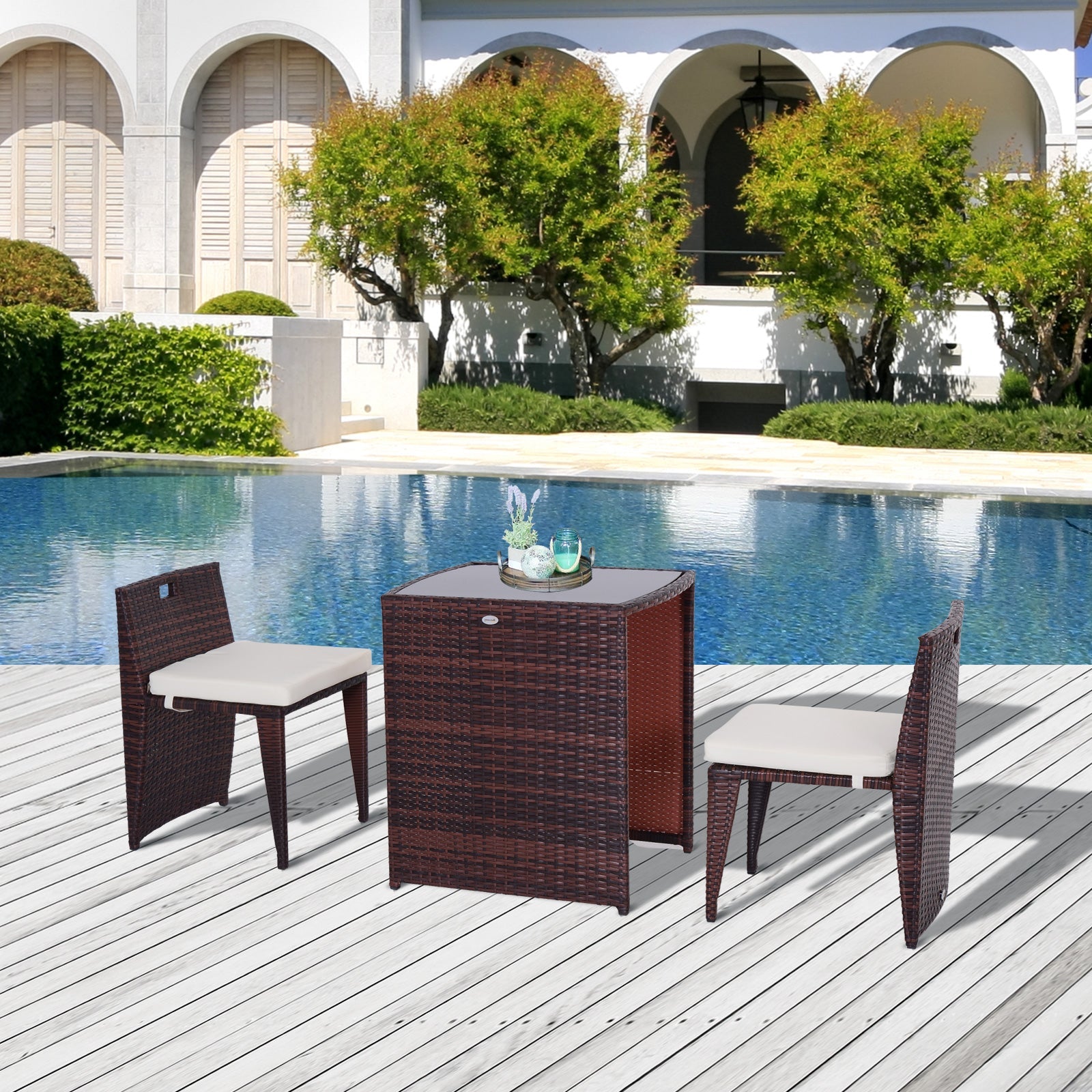 Outsunny 3PCS Outdoor Wicker Rattan Bistro Set Patio Chair Table Garden Lawn Coffee Sofa Furniture Cushioned