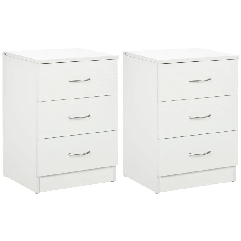 Bedside Table with 3 Drawers, Modern Wood Nightstand, Side Table with Anti-tipping Design for Bedroom, Set of 2, White