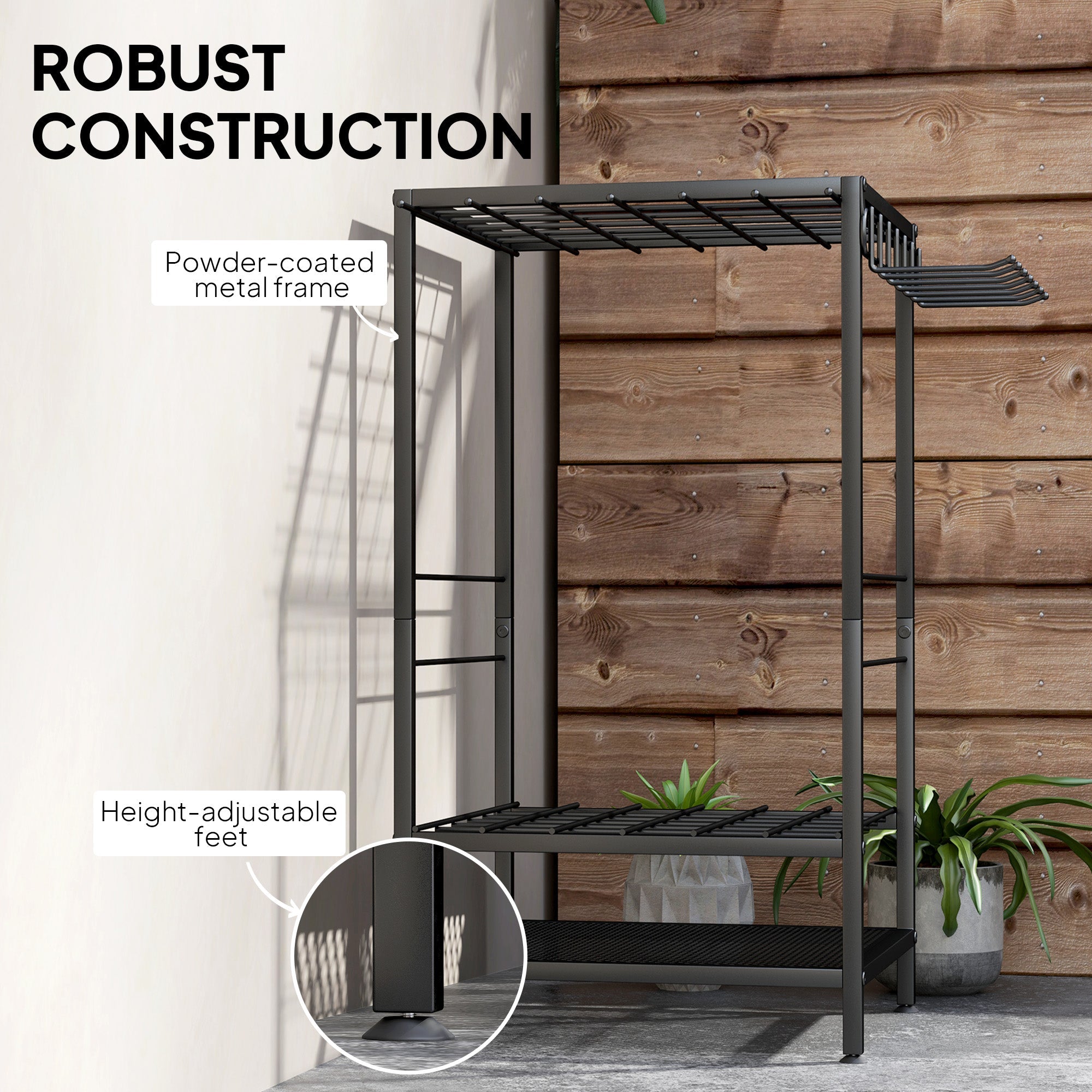 Outsunny 3-Tier Yard Tool Tower Rack, Garden Tool Organizer with 14 Hooks for Long-Handled Rakes, Shovel, Broom, Black