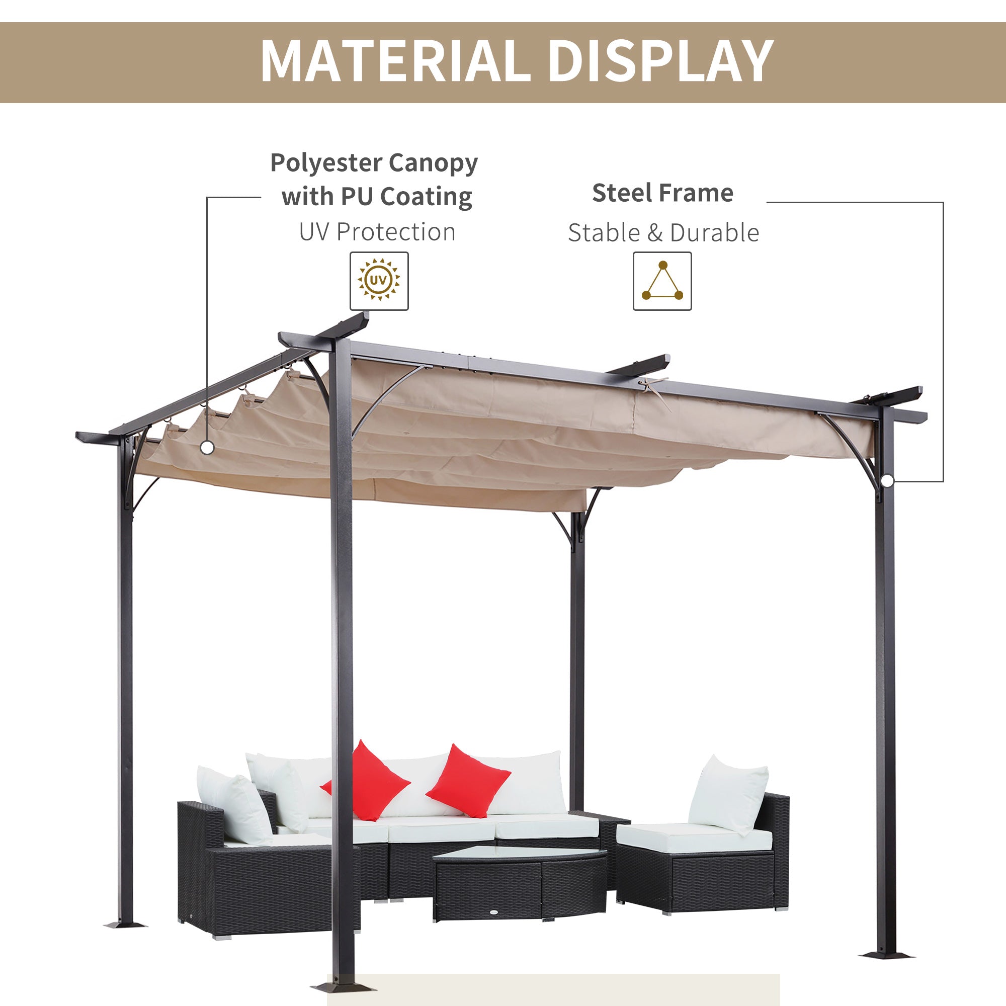 Outsunny 10' Modern Square Outdoor Pergola Gazebo - Retractable Sun Shade for Deck, Lawn & Patio BBQ Shelter