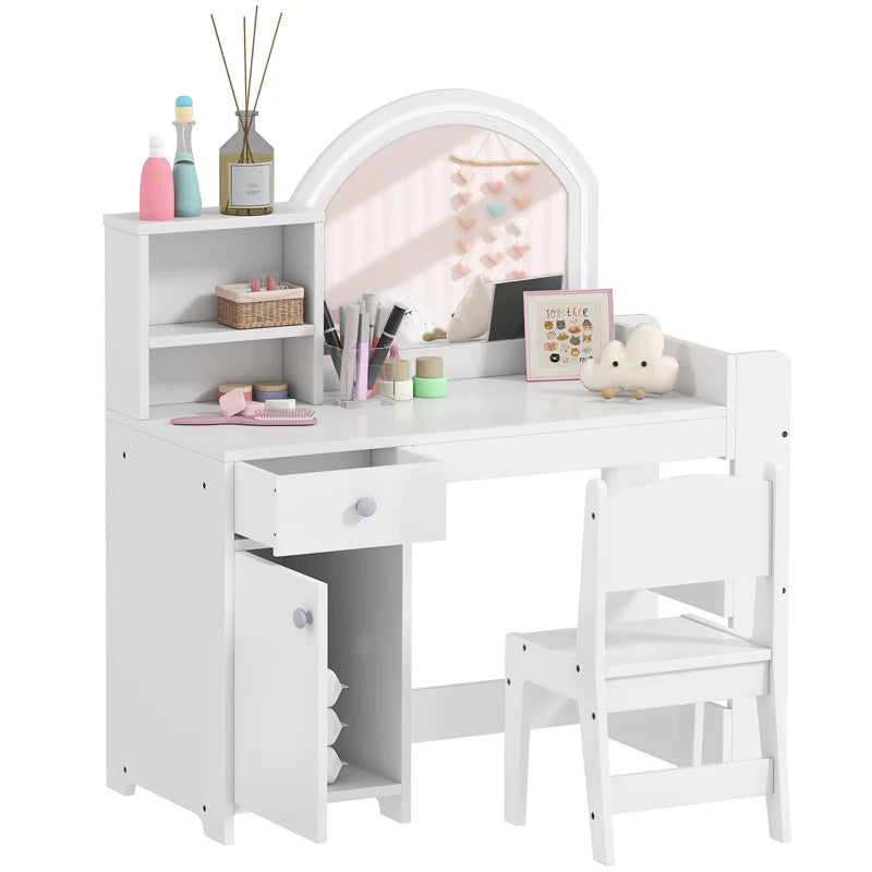 Qaba Kids Vanity Set, Toddler Dressing Table and Chair Set with Lighted Mirror, Cabinet, Drawer and Shelves, White
