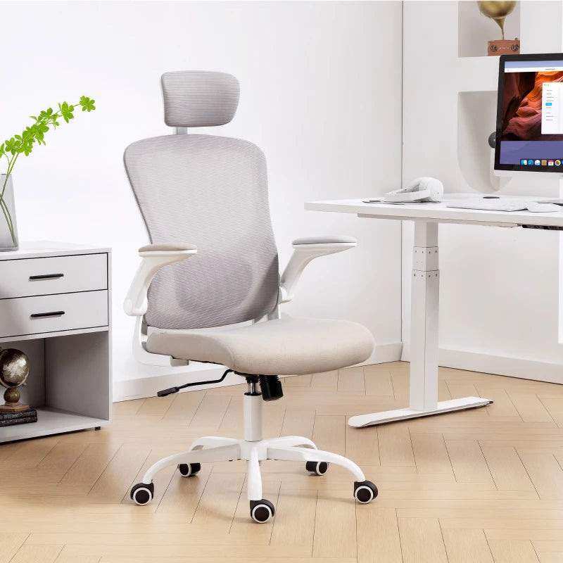 Ergonomic Office Chair, Mesh Desk Chair with Adjustable Headrest, Lumbar Support and Height, Flip-Up Armrests, Grey
