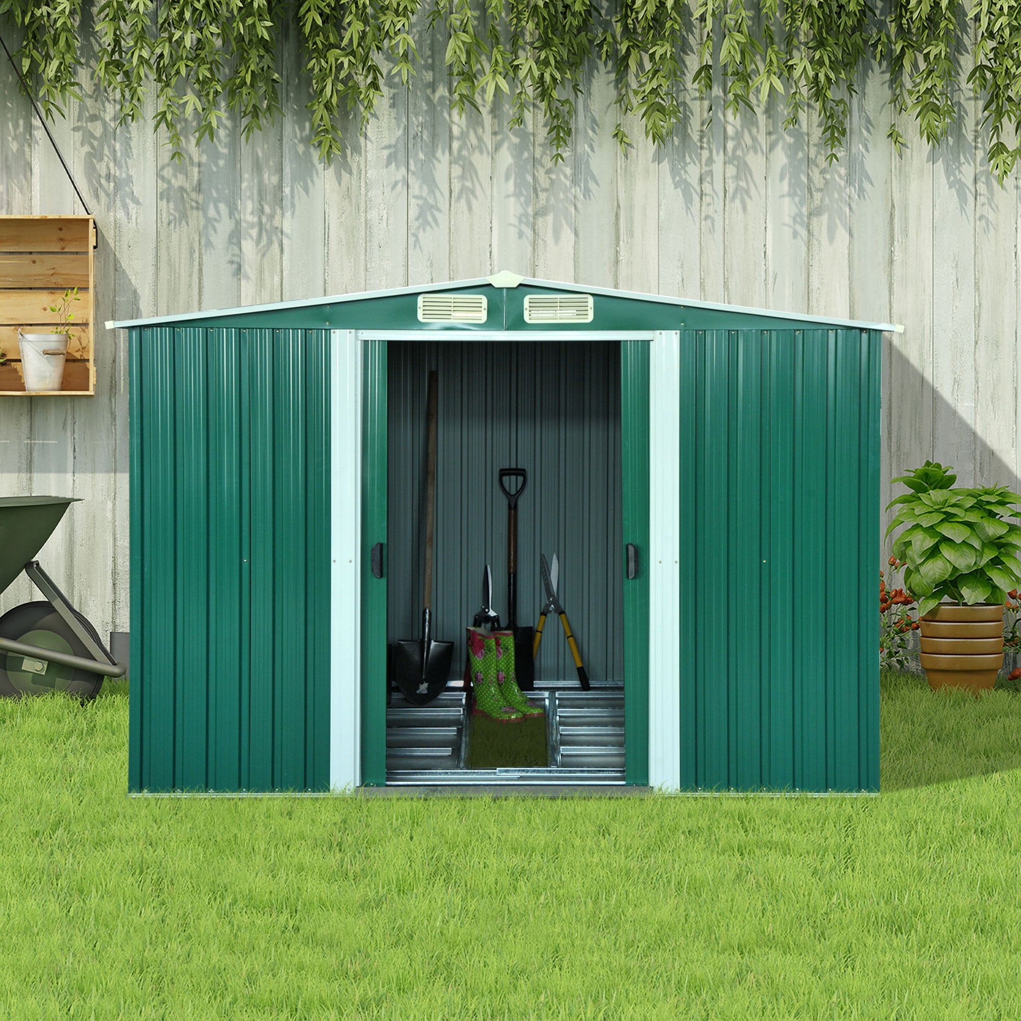 Outsunny 8.5' x 6.8' x 5.8' Practical Backyard Garden Storage Tool Shed Double Sliding Door 4 Ventilation Slotsm, Green