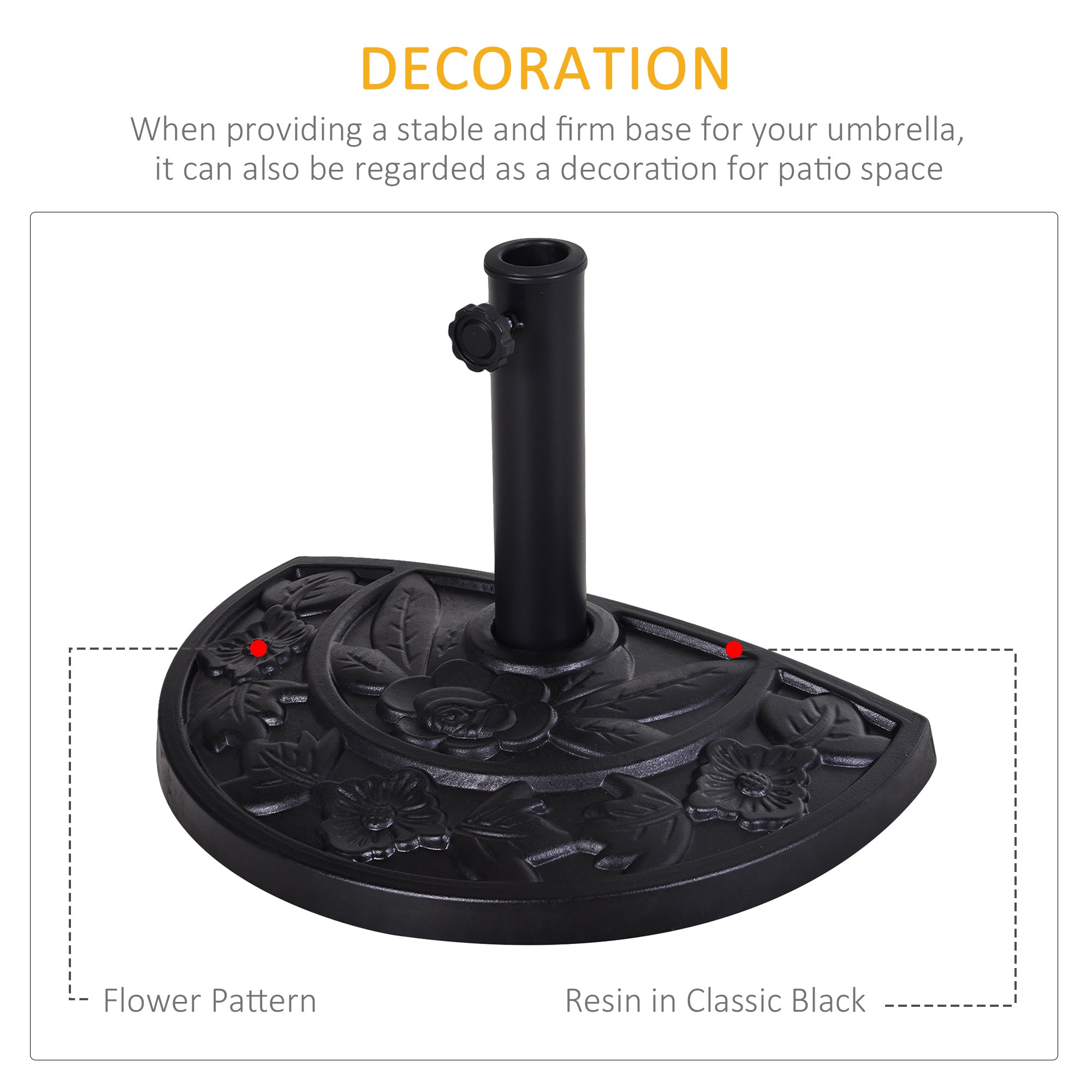 Outsunny 20" Half Round Patio Umbrella Base: Decorative Resin Stand Holder, Outdoor, Black