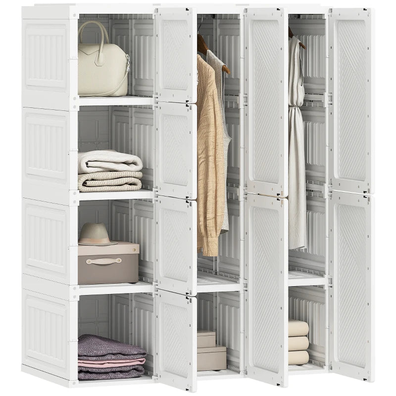 Portable Wardrobe, Foldable Plastic Closet with 8 Compartments, 2 Hanging Rods and Magnetic Doors, White