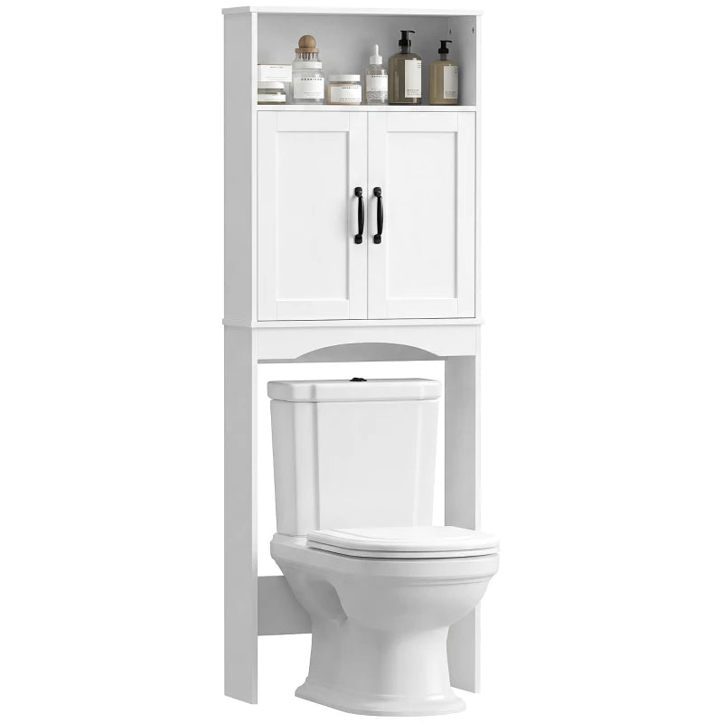 Over the Toilet Storage Cabinet Freestanding Bathroom Organizer with 2 Doors and Open Shelf White
