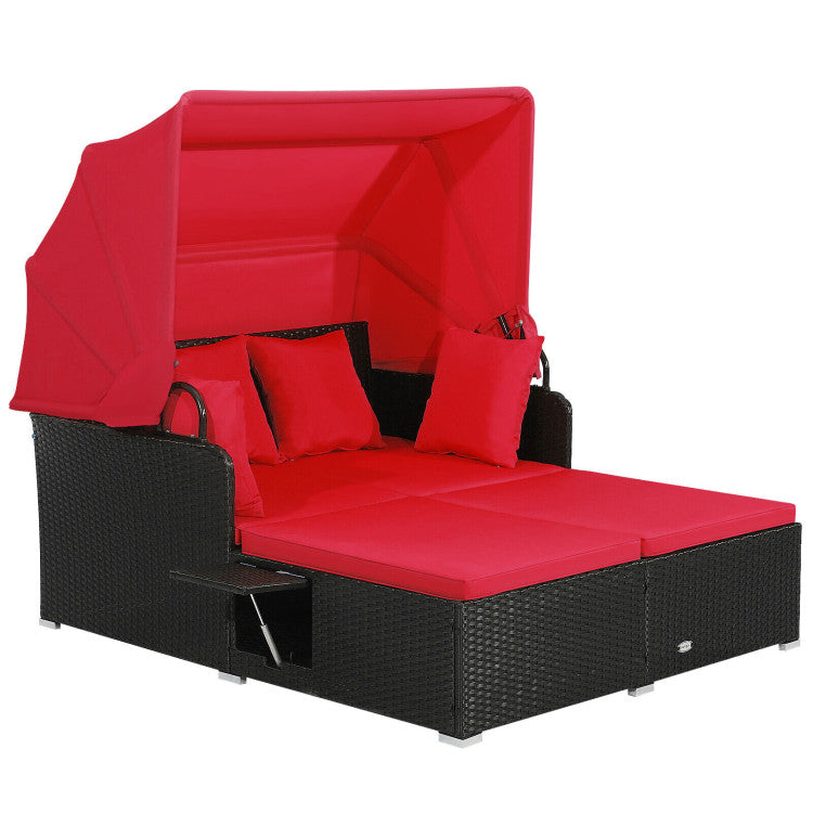 Patio Rattan Daybed with Retractable Canopy & Fold-Out Side Tables