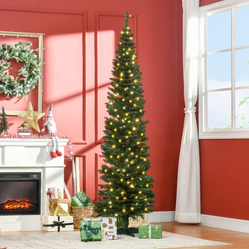 HOMCOM 7' Tall Pre-Lit Slim Noble Fir Artificial Pencil Christmas Tree with 200 Warm White LED Lights and 499 Tips, Green