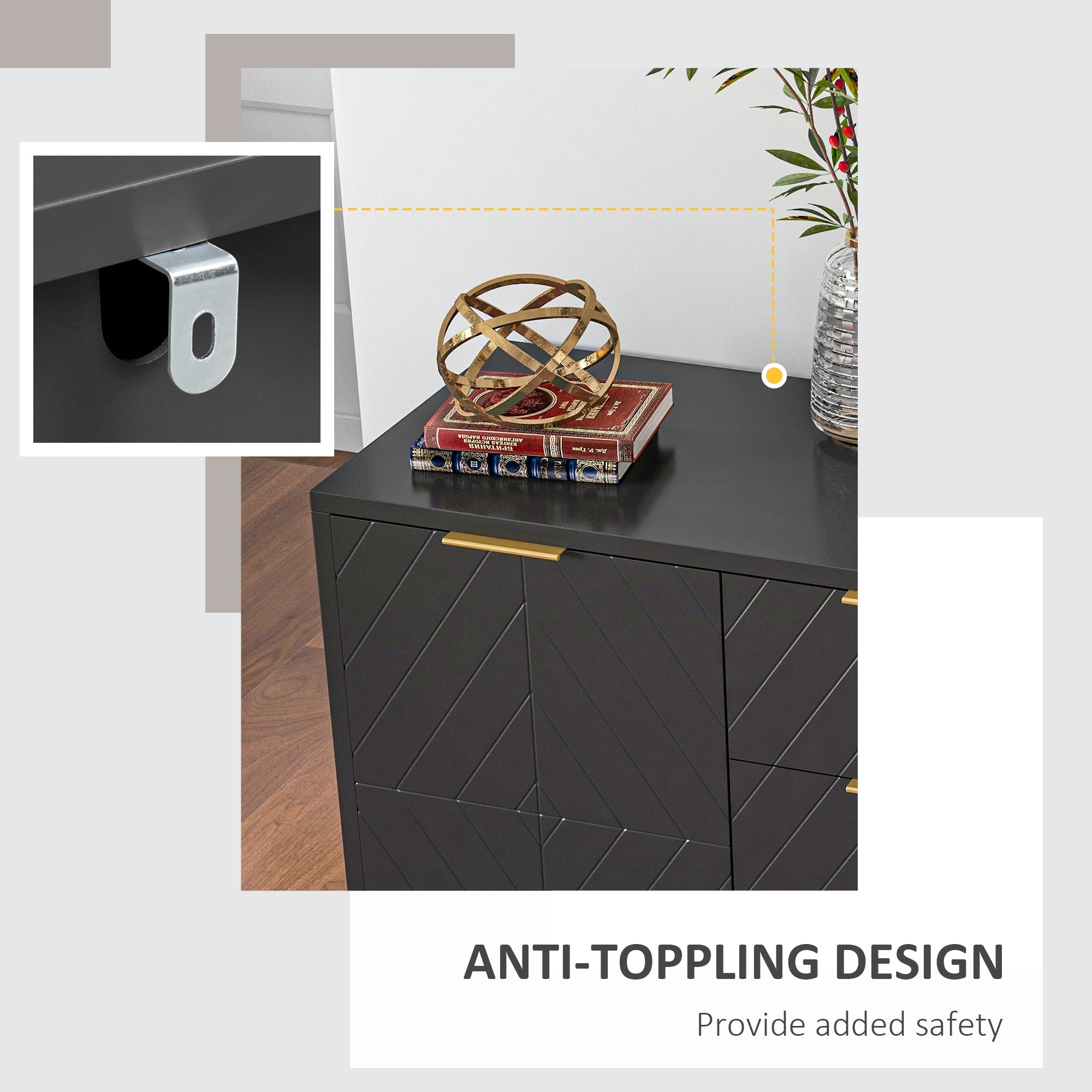 HOMCOM Storage Cabinet 3 Drawers Adjustable Shelves Doors Kitchen Buffet Cabinet Dining Room Black Ample Storage Space