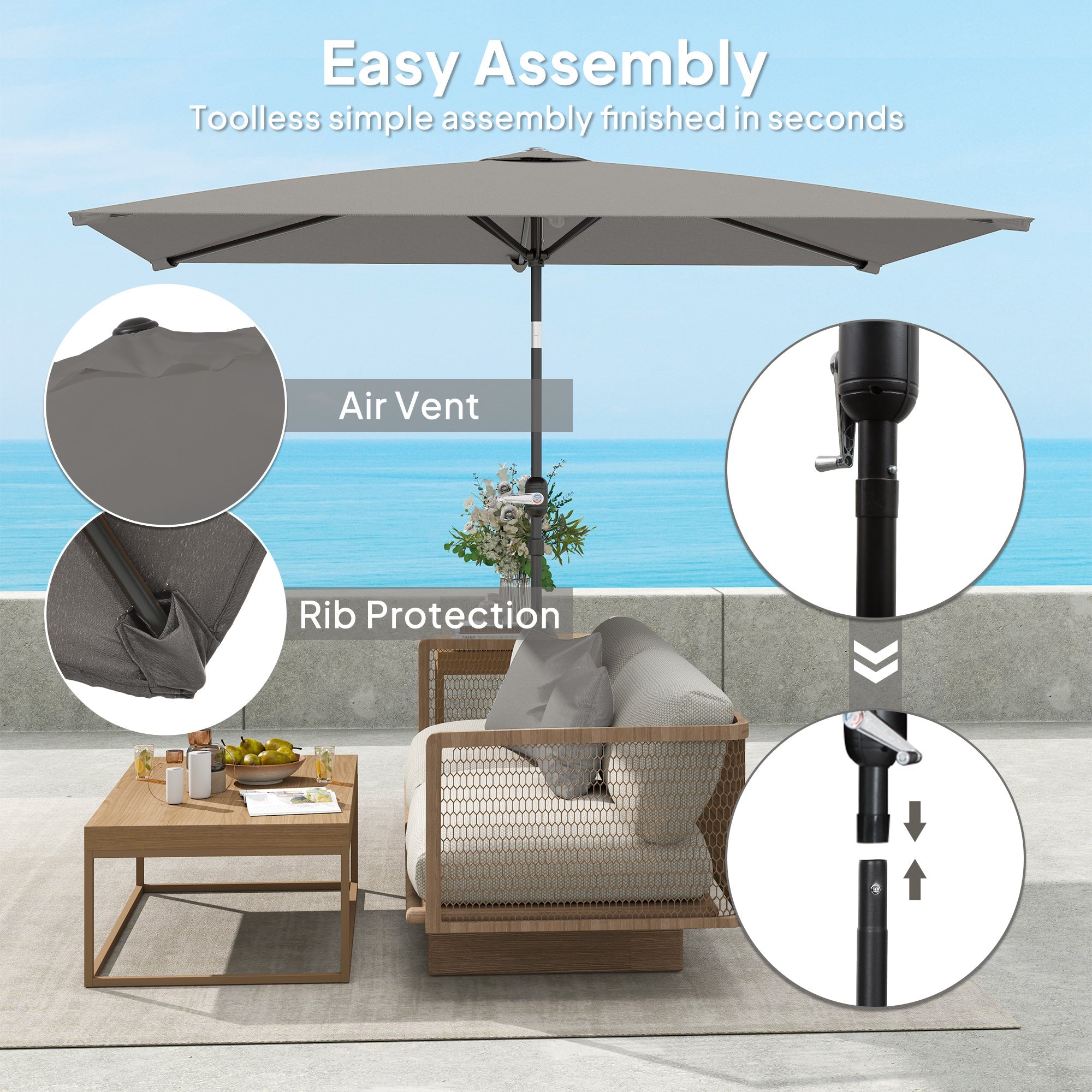 Outsunny 6.5x9.6ft Rectangle Aluminum Tilt Patio Umbrella, Garden Market Parasol, Outdoor Sunshade Canopy with Crank, Light Grey