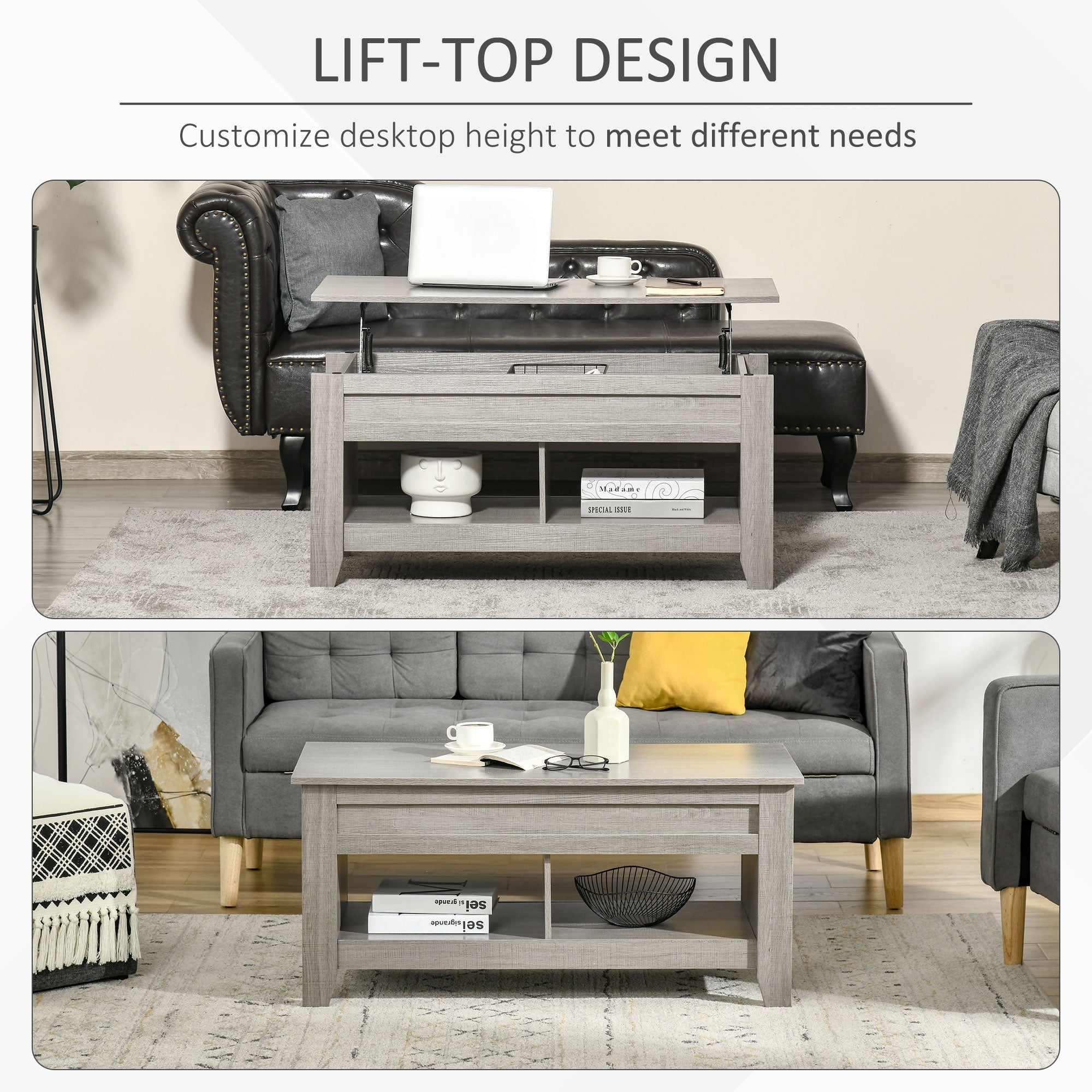 HOMCOM Light Grey Lift Top Coffee Table: Pop-Up Center Table with Hidden Storage, Open Shelves for Living Room