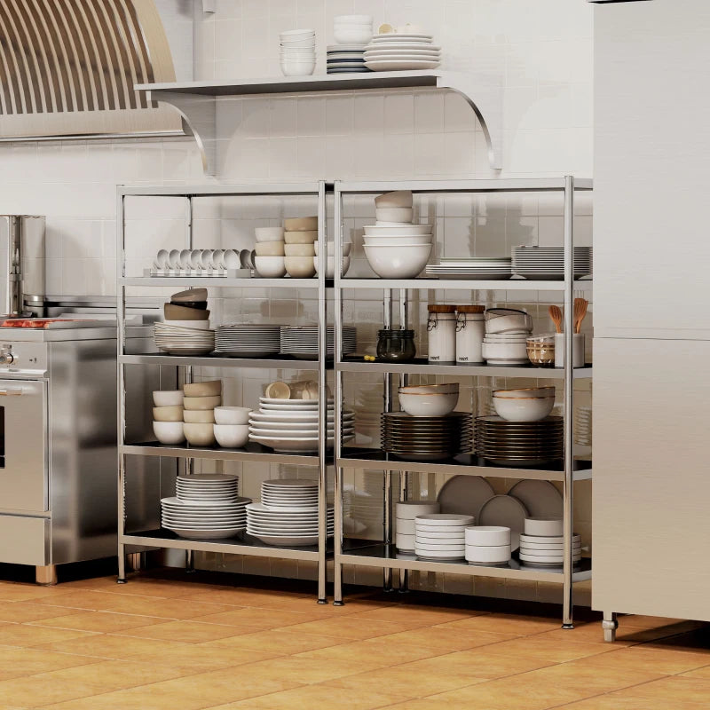 Bakers Rack, 5-Tier Stainless Steel Kitchen Storage Shelf with Adjustable Heights for Spices, Pots and Pans, Silver