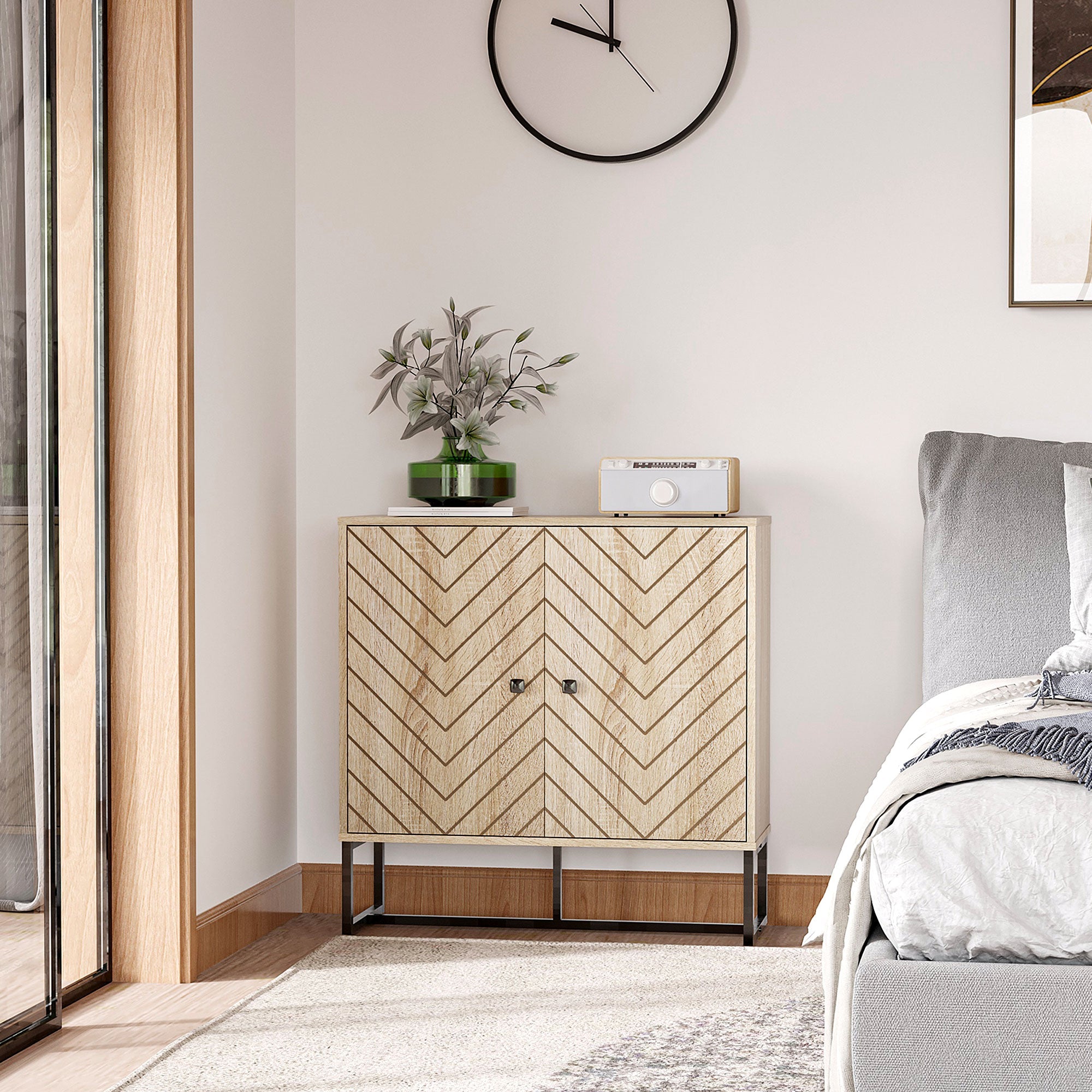 HOMCOM Mid-Century Sideboard: Storage Cabinet with Dining Buffet Table, Adjustable Shelf, Metal Base, Natural Finish