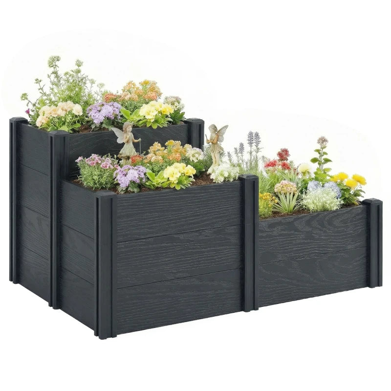 Vinyl Raised Garden Bed Kit, 3-Tier Elevated Garden Box with Open Bottom, DIY Assembly, Grey Wood Effect