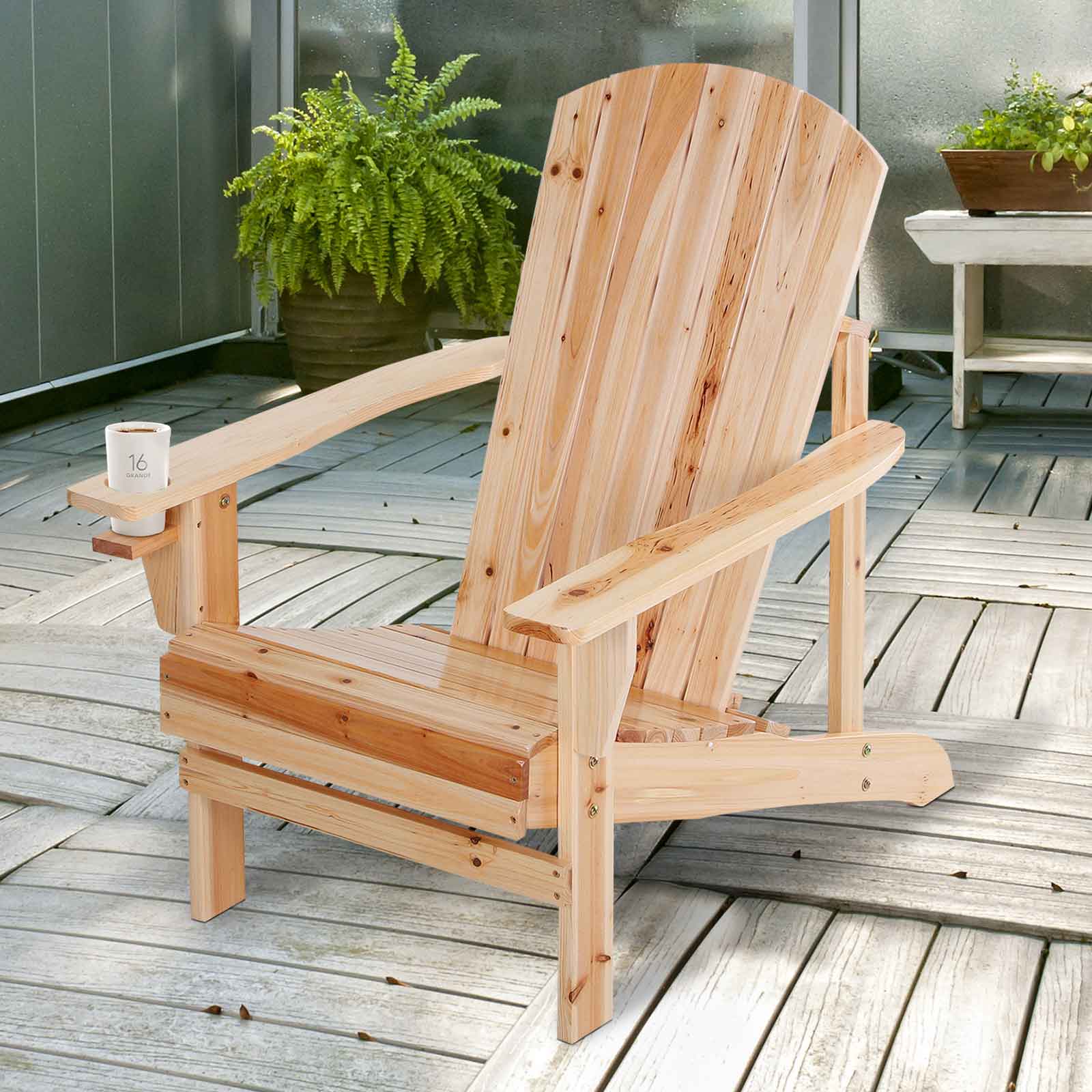 Outsunny Wooden Classic Adirondack Chair with Cup Holder Ergonomic Outdoor Patio Garden Deck Furniture Natural