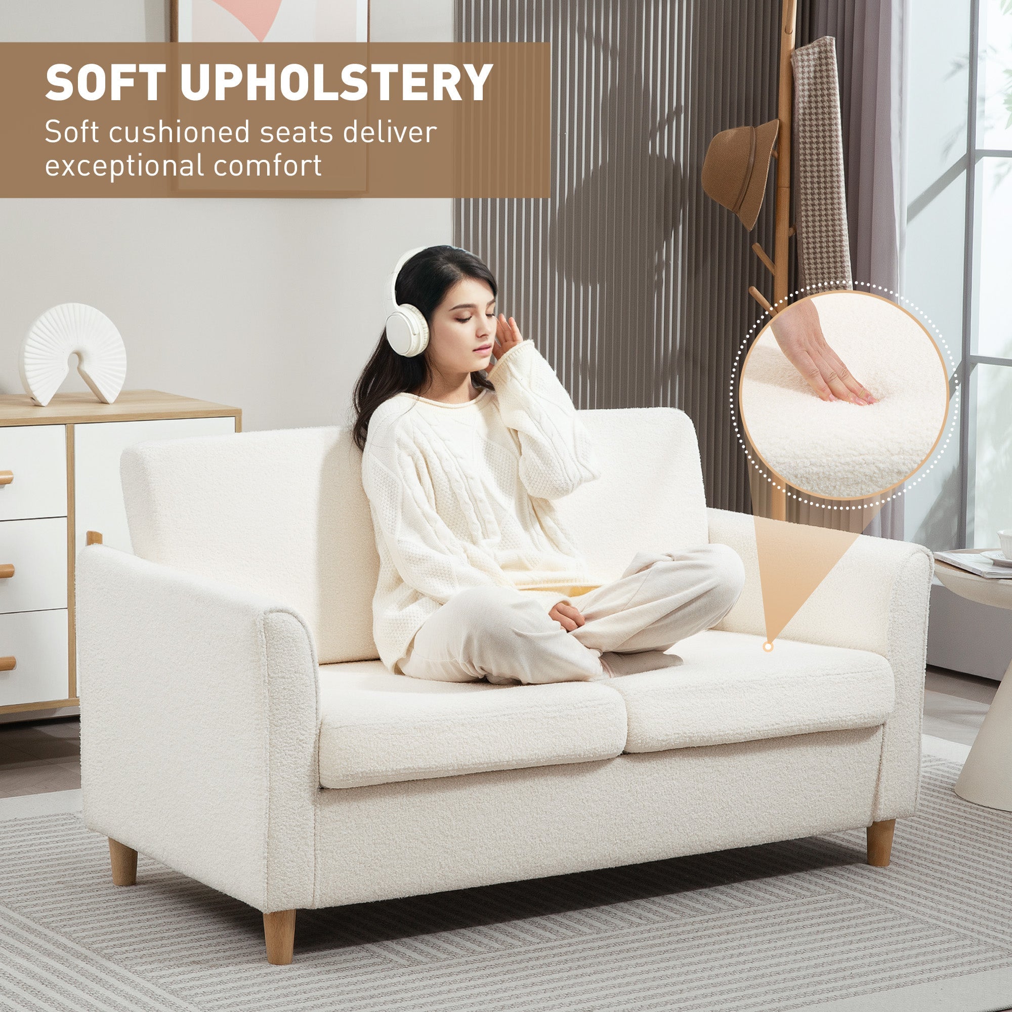 HOMCOM 2-Seat Sofa Two-Seater Couch with Armrests and Wood Legs for Living Room, Bedroom, Cream White