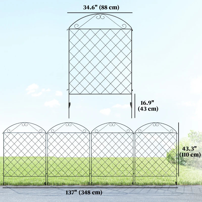 Outdoor Metal Garden Fence Panels, Border Edging for Yard, Patio, 4 Pack, Curved Scrollworks