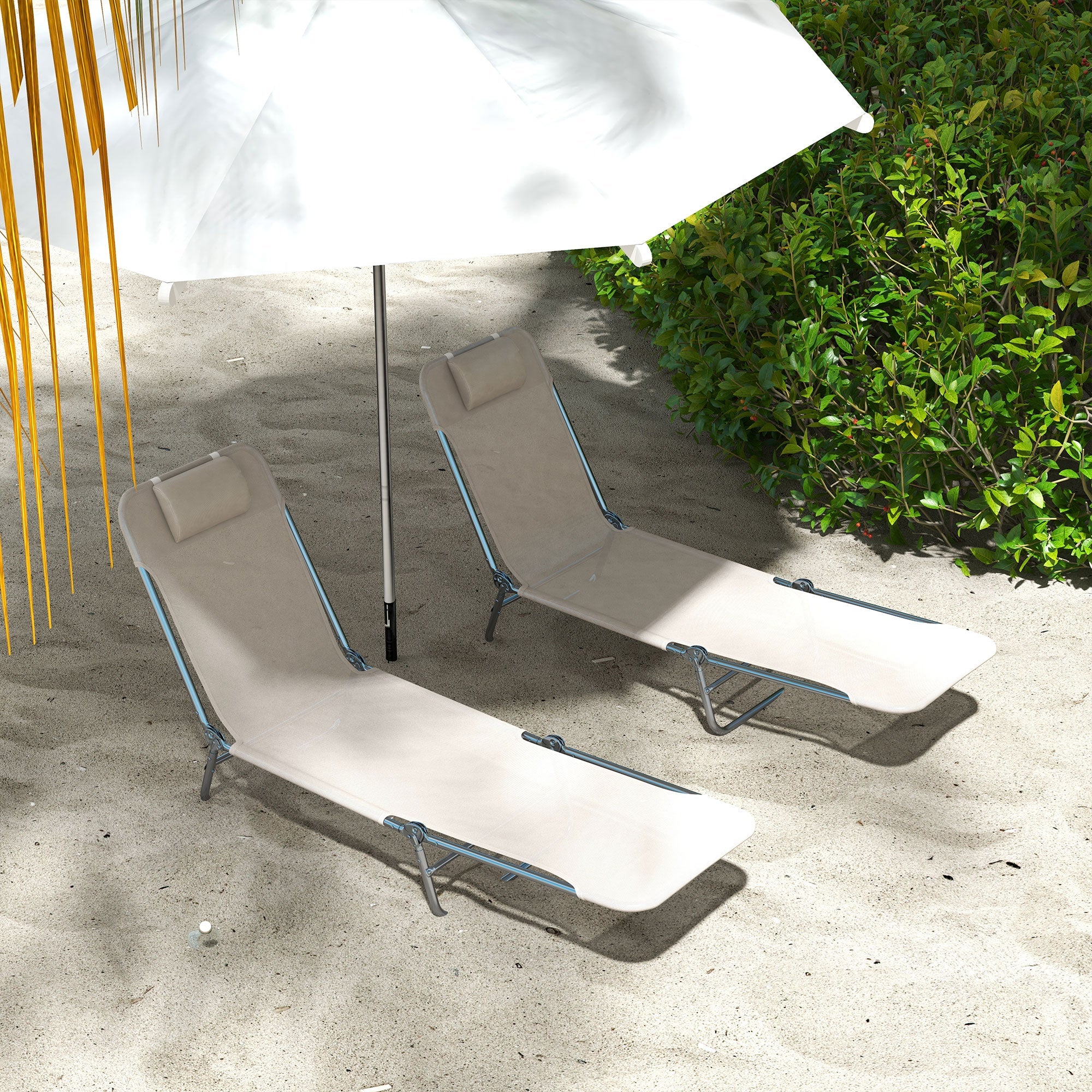 Outsunny Set of 2 Folding Chaise Lounge Chairs, Outdoor Poolside Sun Tanning Chairs w/ Pillow, Reclining Backrest, Cream White