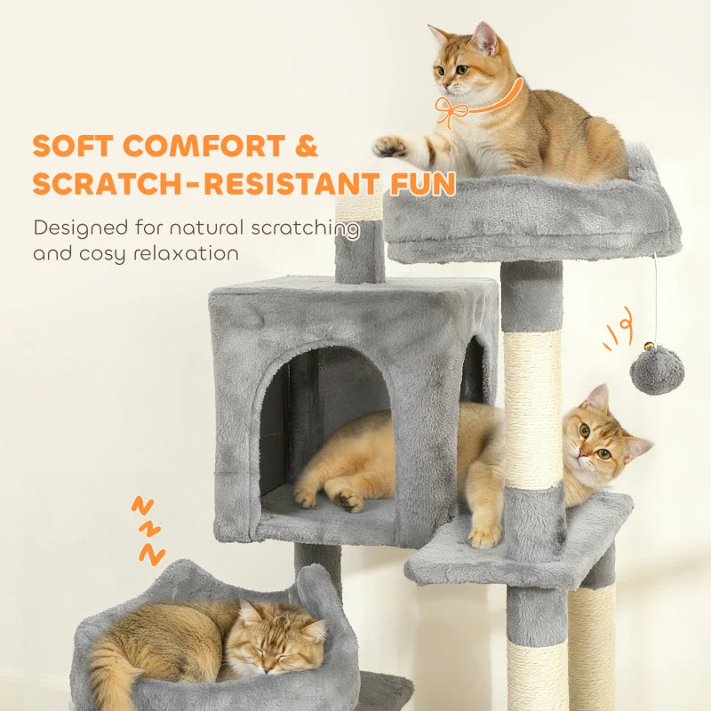 76" Large Cat Tree for Indoor Cats with 8 Scratching Posts, 3 Plush Beds, 2 Hammocks, 2 Large Condos, Ramp, Light Grey