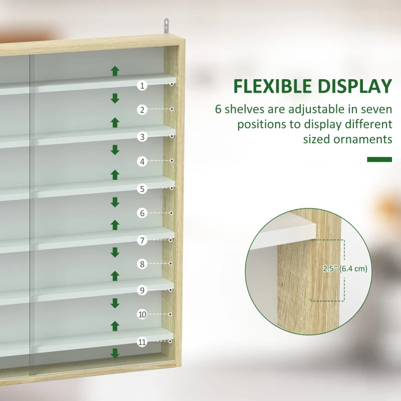 7-Tier Display Cabinet, Shot Glass Display Case, Glass Curio Cabinet with 2 Glass Doors, Oak and White