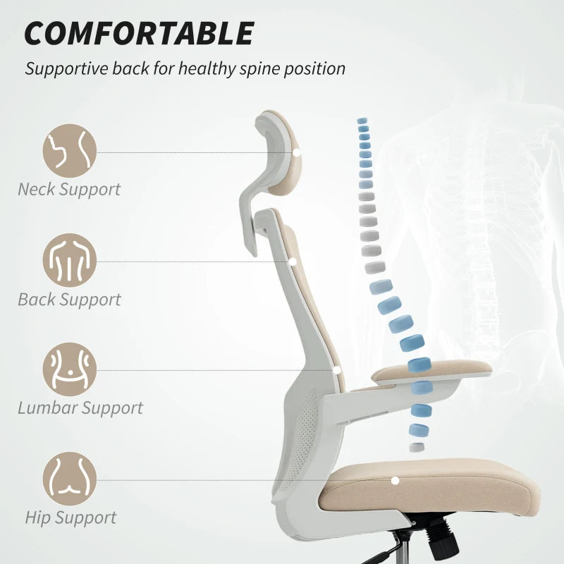 Ergonomic Office Chair, Swivel Desk Chair with Adjustable Lumbar Support, Headrest and Height, Flip-up Armrests, Beige