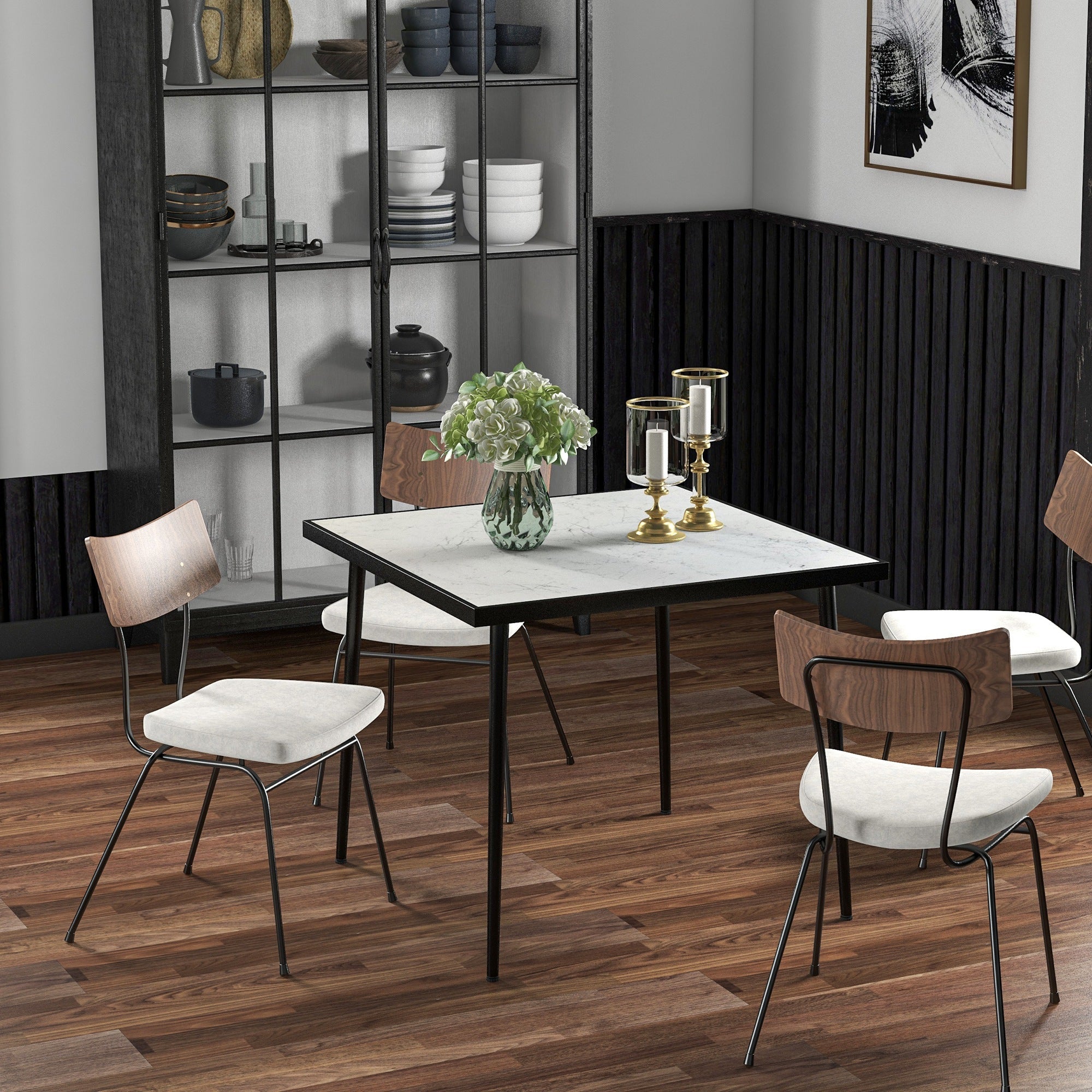 Outsunny Outdoor Dining Table for 4, Square Patio Dining Table with Marble Effect Tempered Glass Top and Steel Frame, White