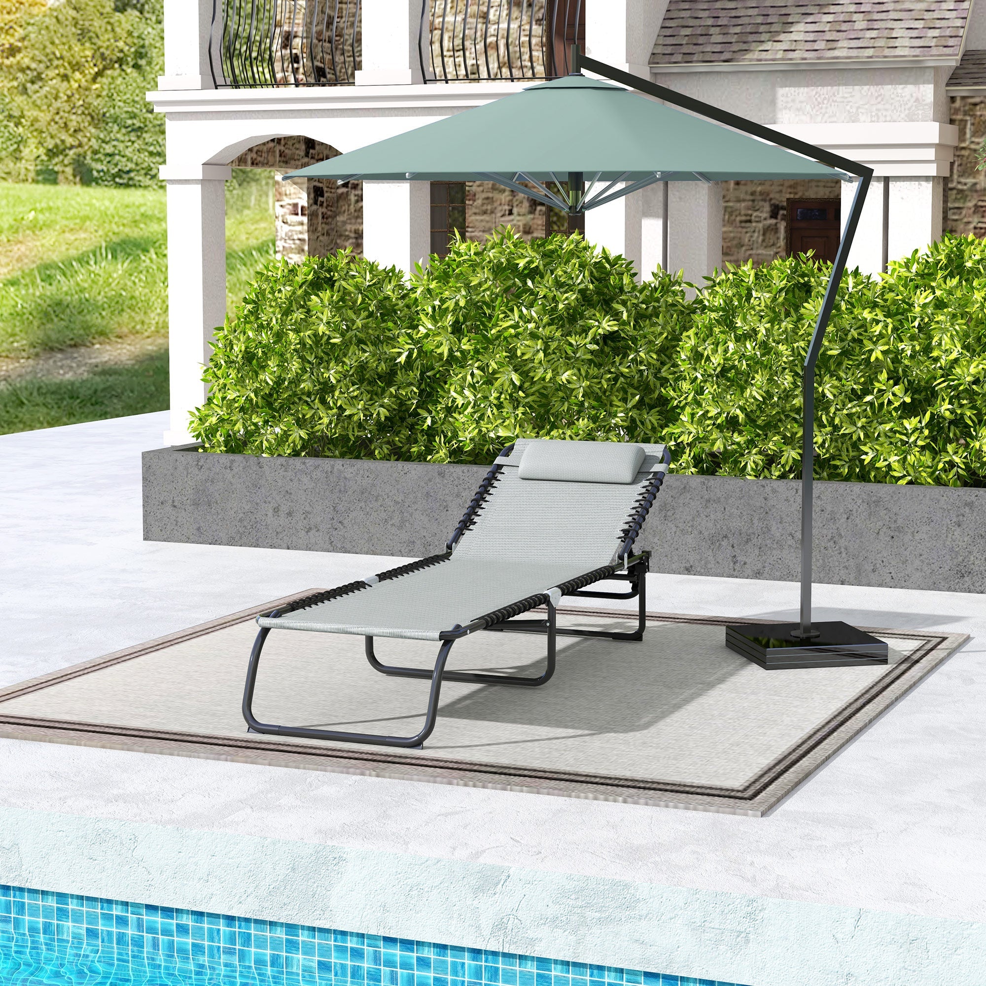 Outsunny Folding Lounge Chair, Adjustable Chaise Lounge with Headrest, Reclining Lounger Cot for Camping, Hiking, Light Grey