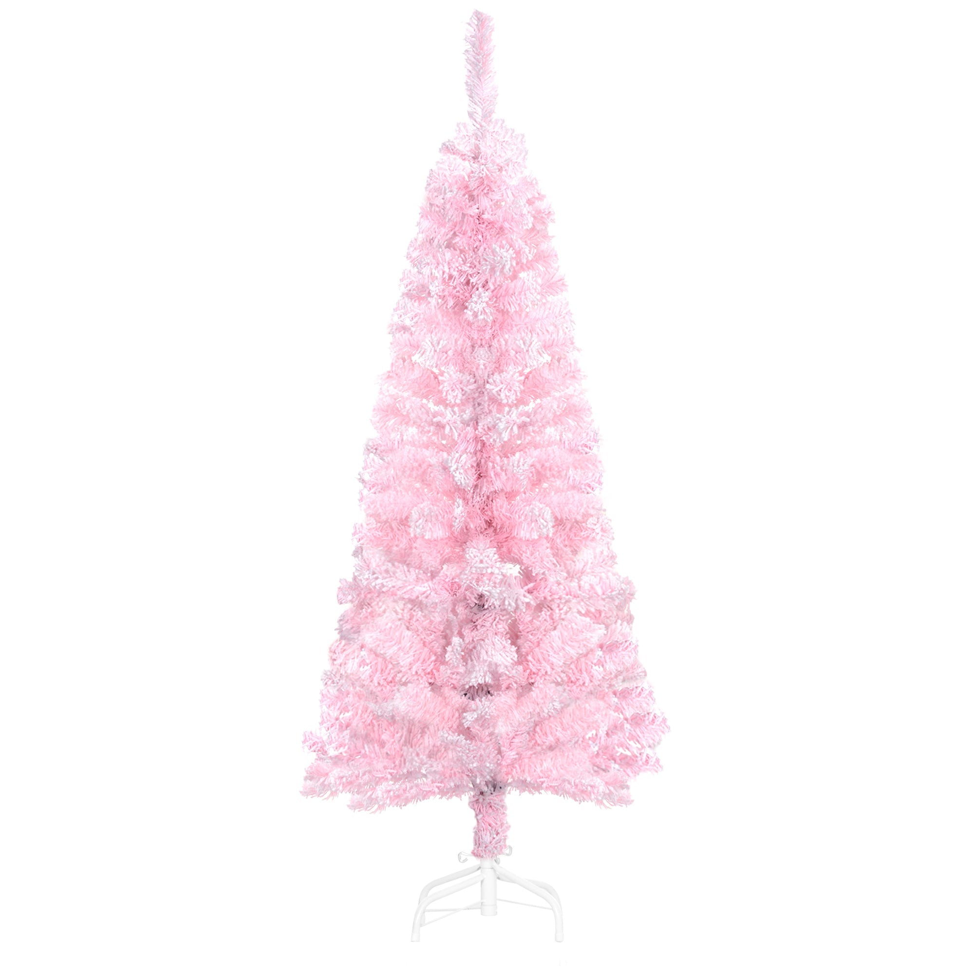 HOMCOM 4 ft Flocked Pencil Christmas Tree, Artificial Christmas Tree with Realistic Branches, Auto Open and Steel Base, Pink