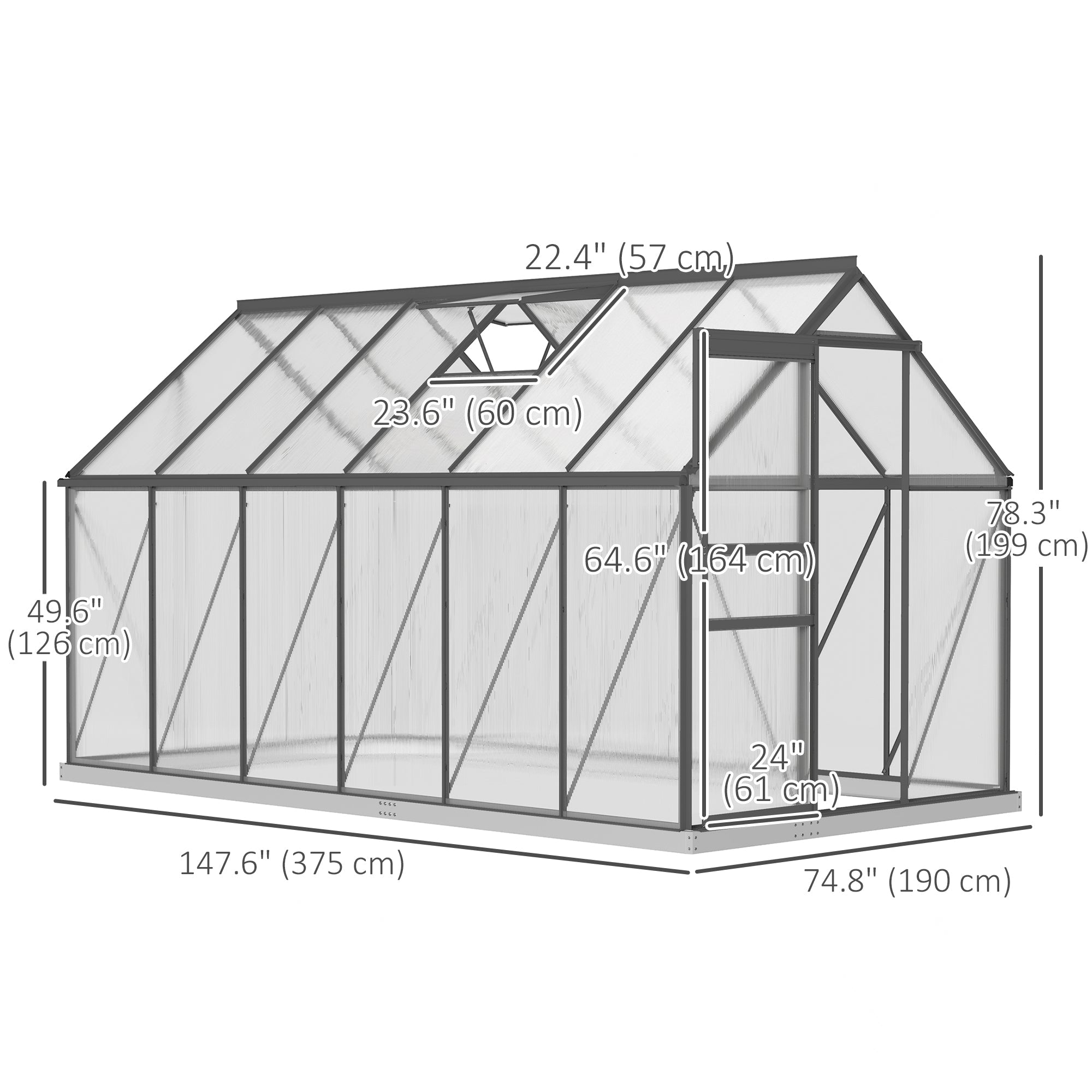 Outsunny 6' x 12' x 6.5' Polycarbonate Greenhouse, Walk-in Green House with Adjustable Roof Vent Galvanized Base Sliding Door Rain Gutter for Outdoor Garden Backyard, Charcoal Grey