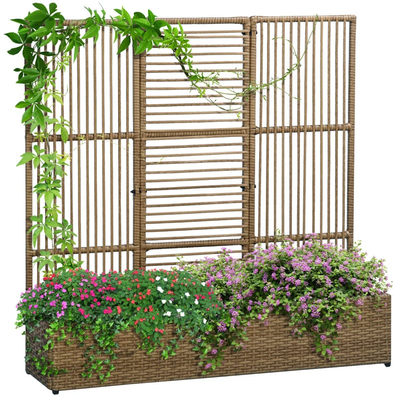 Raised Garden Bed with Lattice Trellis, Rattan Outdoor Planter with Storage for Garden, Patio, Balcony, Sand Brown