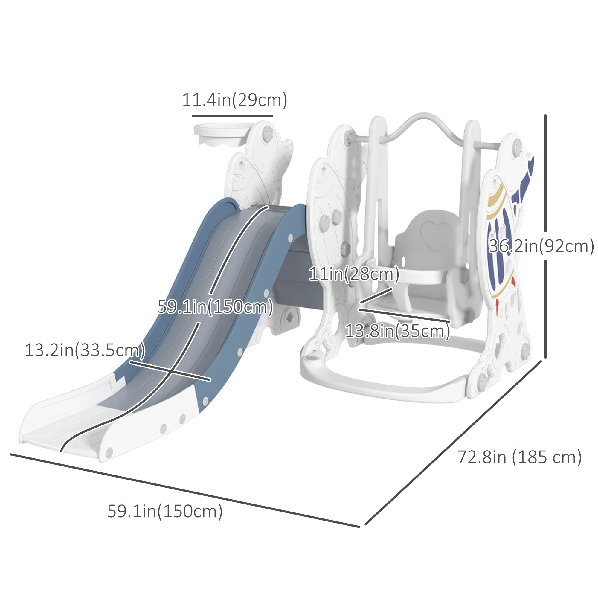 Qaba Galactic Playtime: 3 in 1 Toddler Swing Slide Set with Basketball Hoop, Indoor Playground Space Theme, White Blue Finish