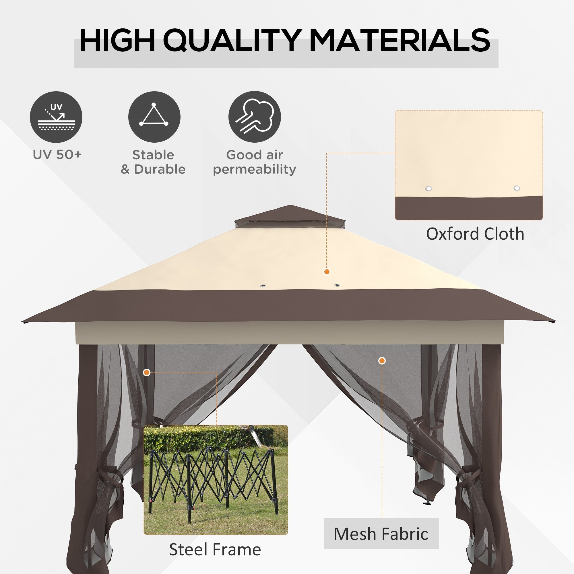 Outsunny 12' x 12' Foldable Pop-up Party Tent Instant Canopy Sun Shade Gazebo Shelter Steel Frame Oxford w/ Roller Bag, Brown