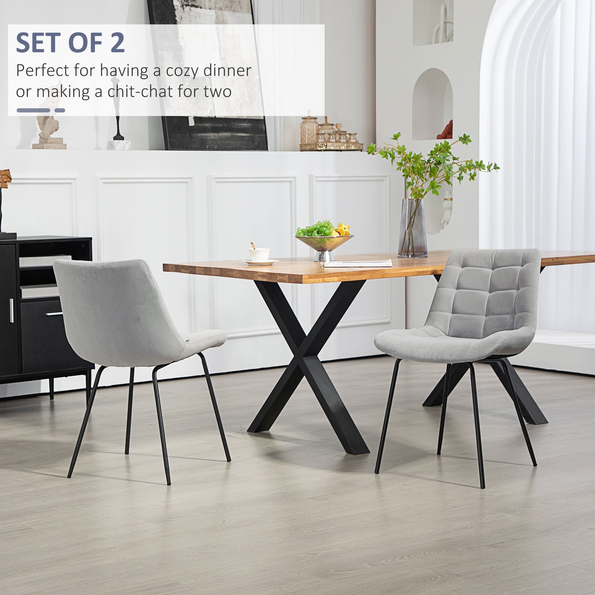 HOMCOM 2 Pieces Dining Chairs, Set of 2 Upholstered Kitchen Chairs with Padded Seat and Steel Legs for Living Room Light Grey