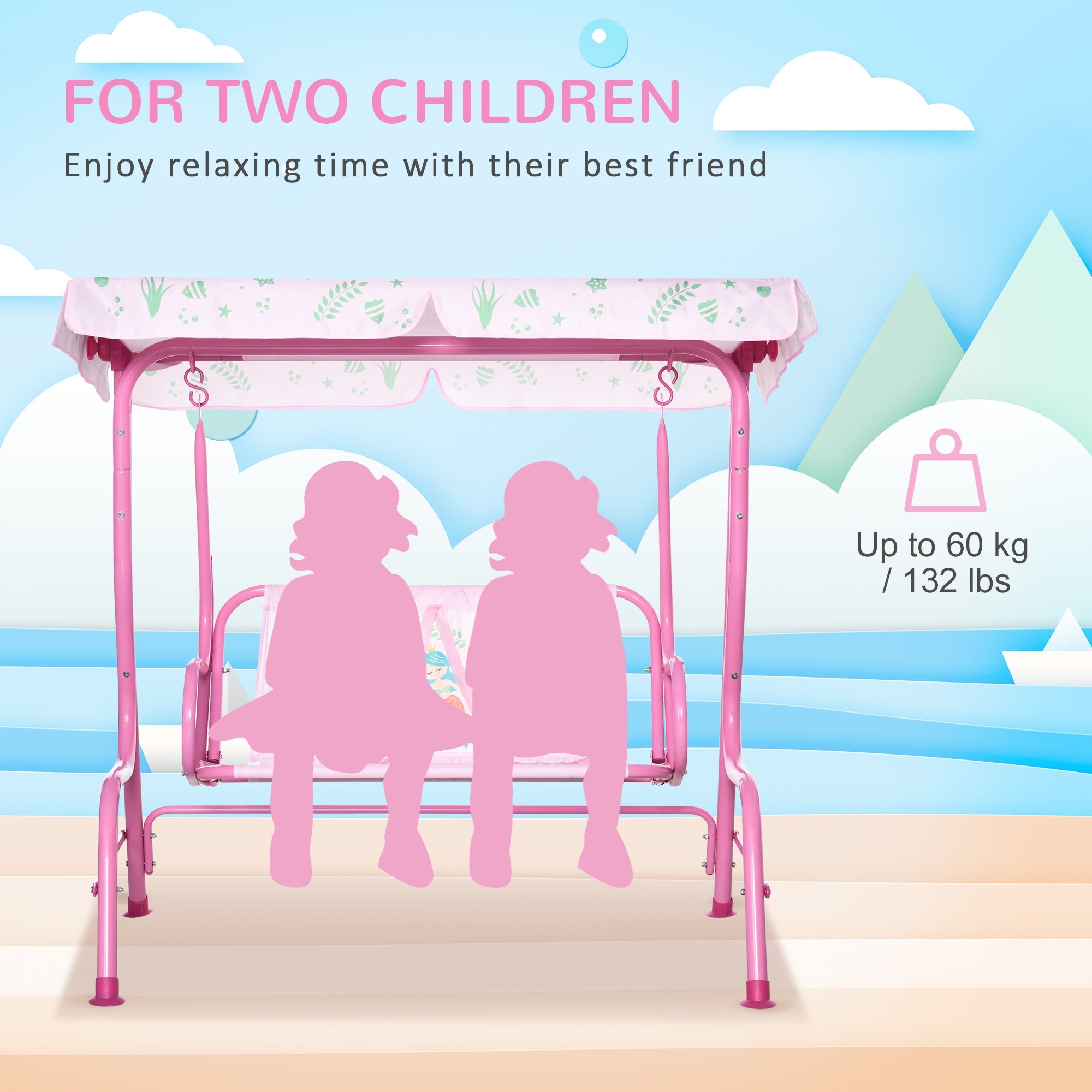 Outsunny 2-Seat Kid Swing with Canopy Mermaid Pattern Pink Outdoor Patio Chair Adjustable Awning