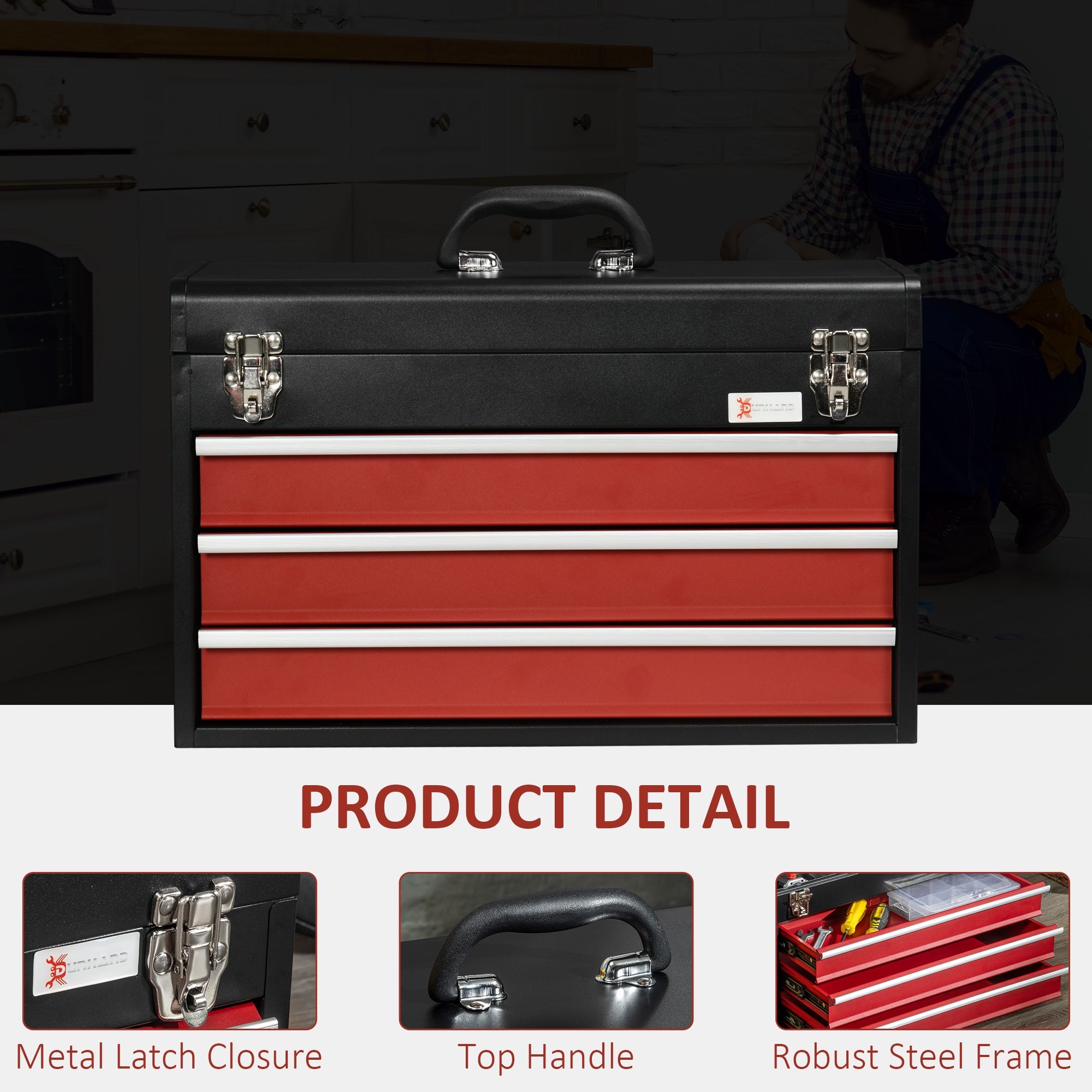 DURHAND Metal Tool Box Portable Organizer Tool Chest with 3 Drawers Metal Latch Closure for Garage Household Warehouse