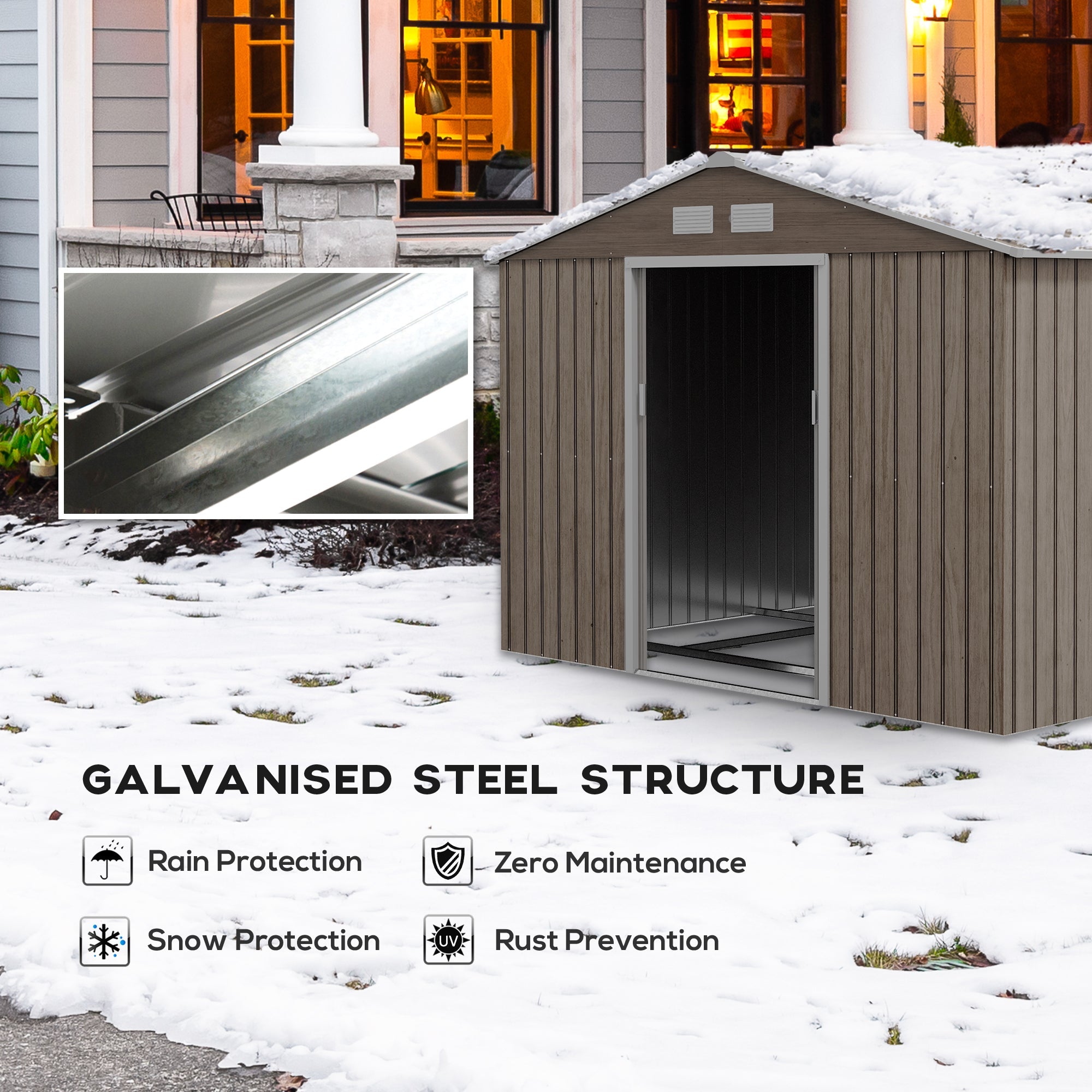 Outsunny 9.1'x6.4'x6.3' Garden Storage Shed w/ Floor Foundation Metal Tool Storage House w/ Double Doors Distressed Light Brown