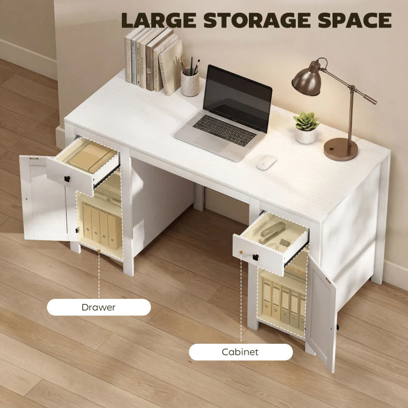 53" Farmhouse Executive Desk, Computer Desk with Drawers and 2 Cabinets, Study Table for Home Office, White Wood Grain