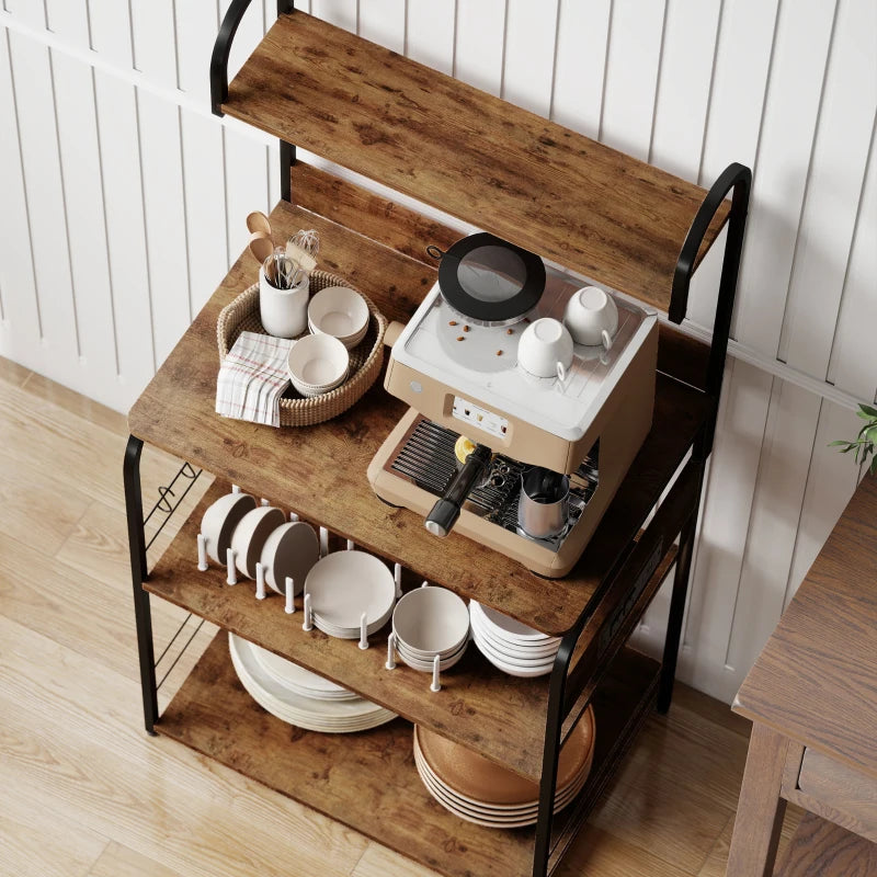 Baker's Rack with Charing Station, Microwave Shelf with Power Outlet, USB Charger and 4 Hooks, Rustic Brown