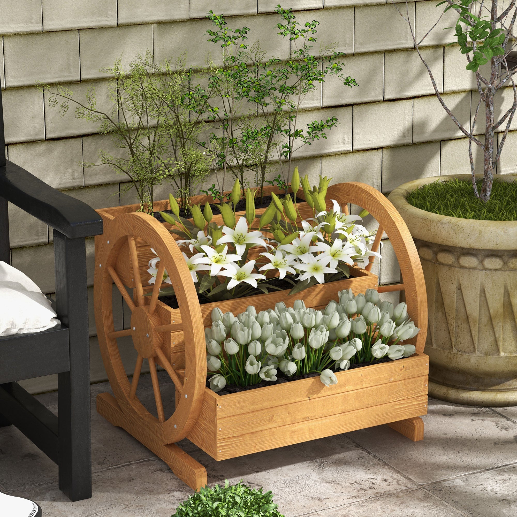 Outsunny 3-Tier Wooden Wagon Planter Box Raised Garden Bed for Vegetables Flowers Herbs 24"x24"x22"