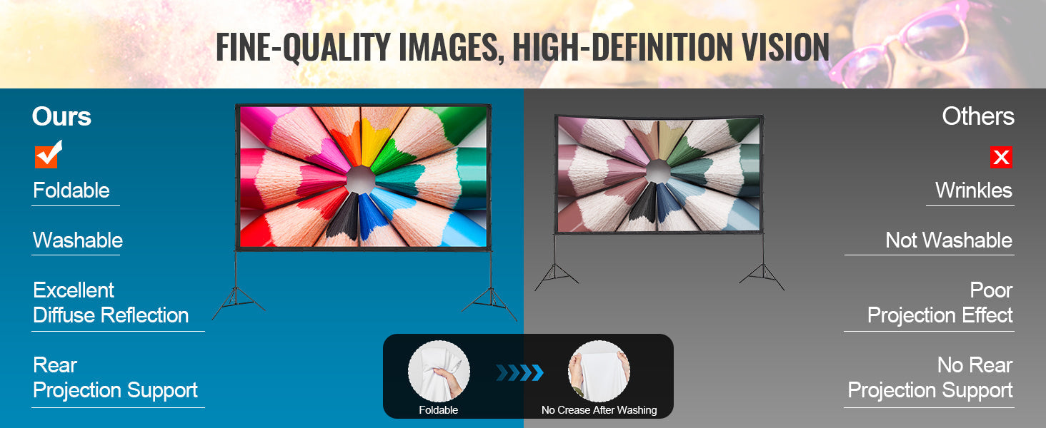 VEVOR Projector Screen with Stand, 150 inch 16:9 4K 1080 HD Outdoor Movie Screen with Stand, Wrinkle-Free Projection Screen with Tripods and Carry Bag