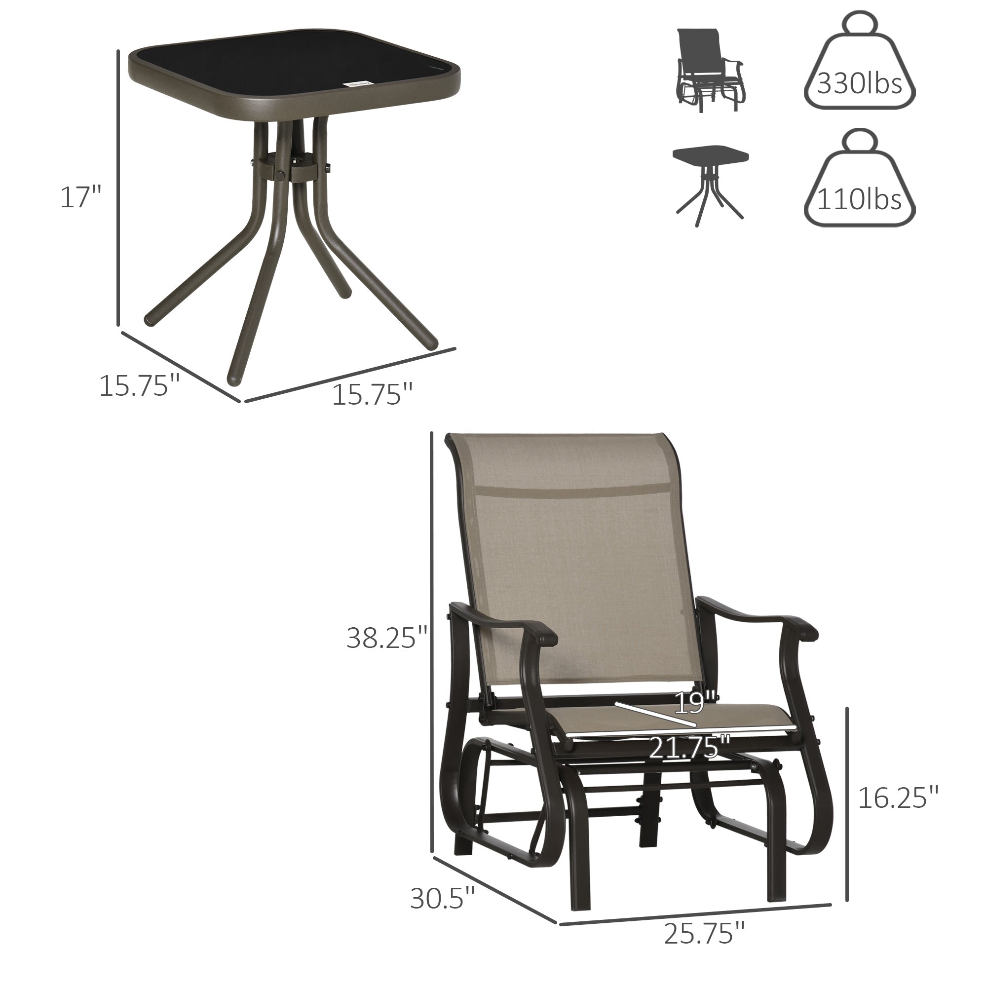 Outsunny 3PCs Gliding Rocking Chair Bistro Tea Table Set Grey for Garden Patio Comfort