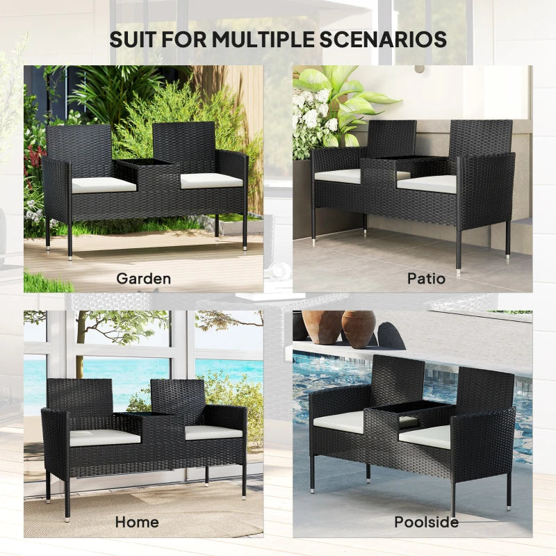 Patio Furniture w/ Mid-Table PE Rattan Loveseat w/ Cushion, Cream White