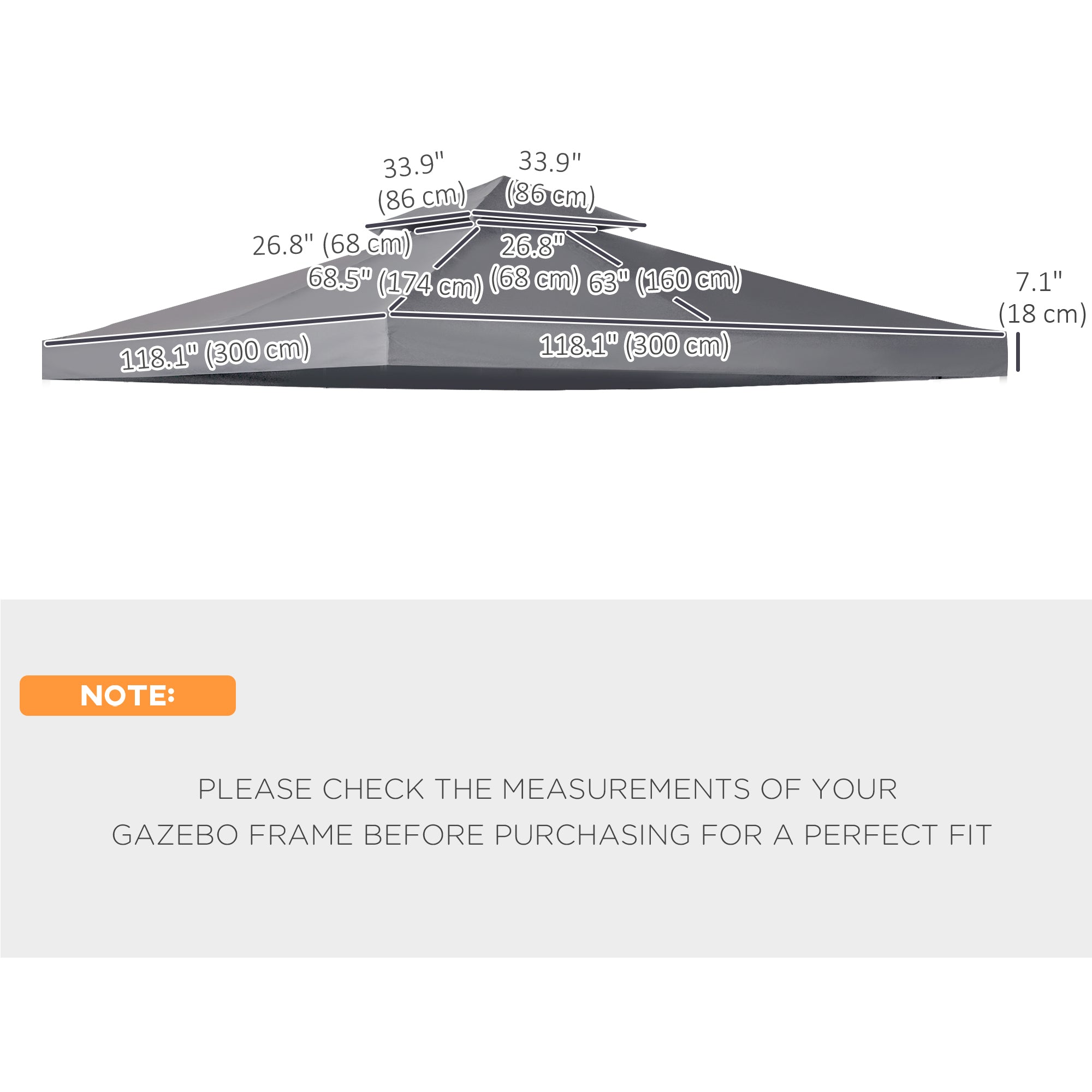Outsunny 9.84' x 9.84' Square 2-Tier Gazebo Canopy Replacement Top Cover Outdoor Garden Sun Shade, Dark Grey