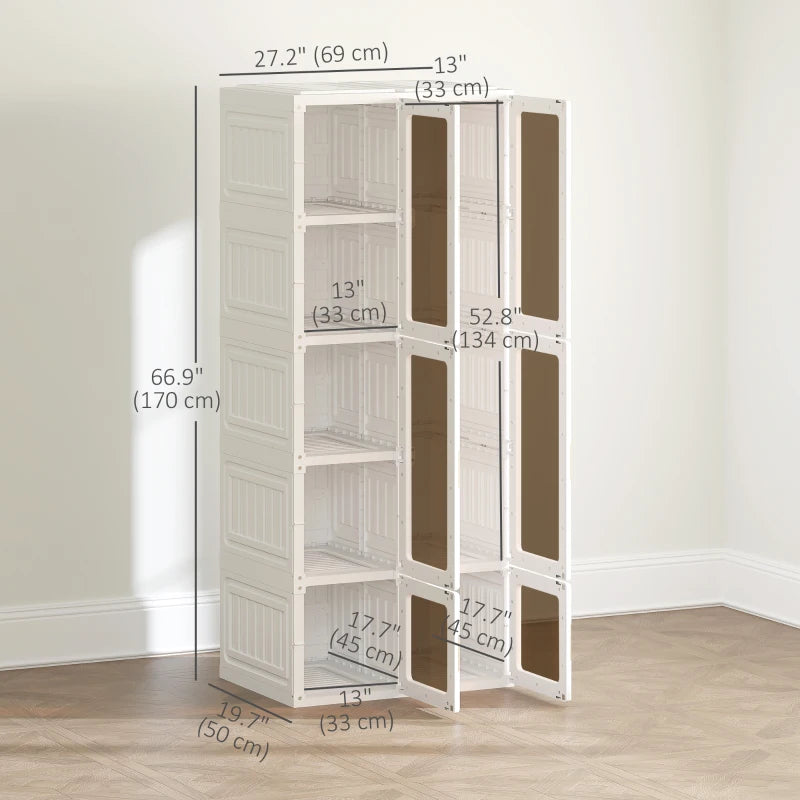 Portable Wardrobe, Foldable Plastic Closet with 6 Compartments, Hanging Rod and Magnetic Doors, White