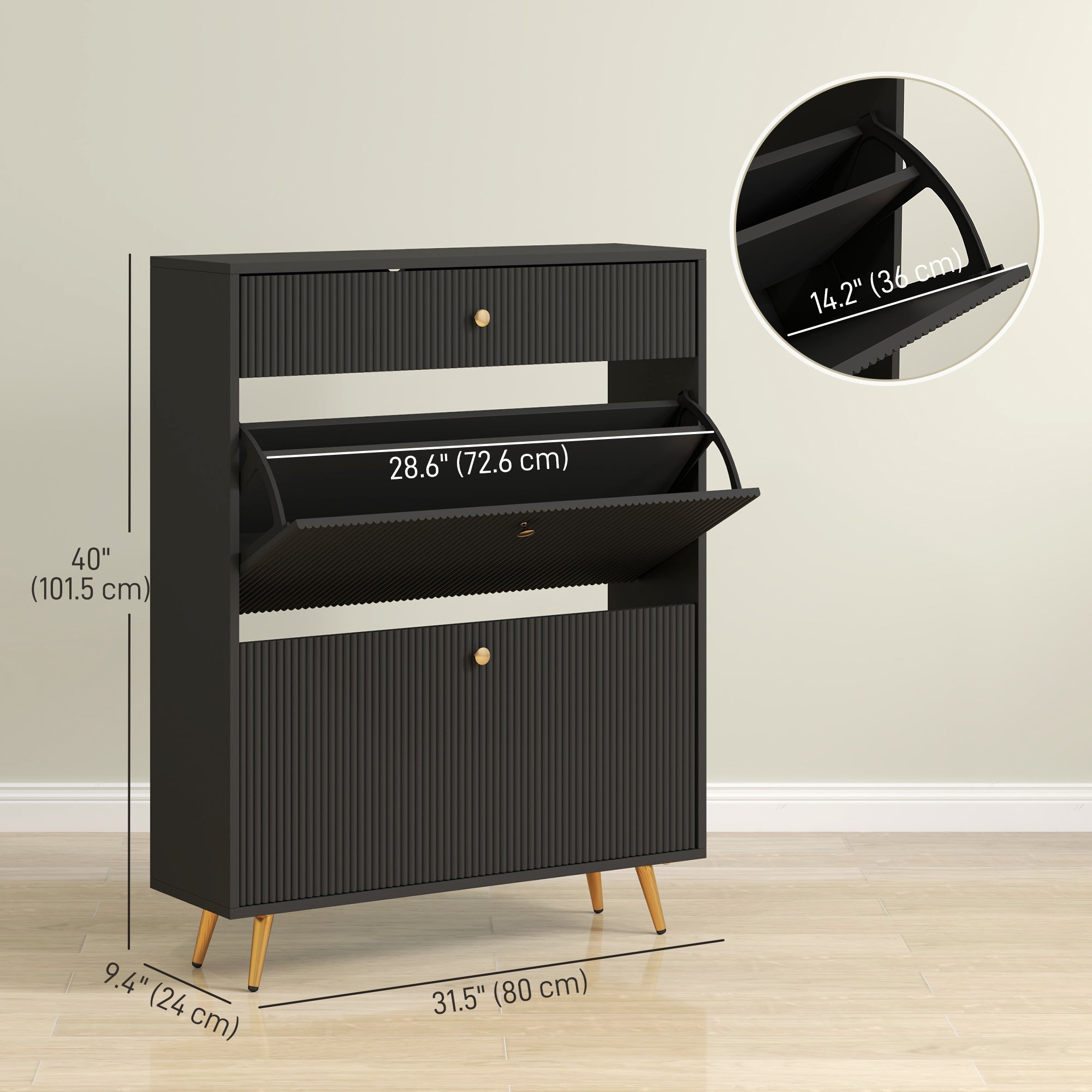 HOMCOM Narrow Shoe Storage Cabinet with Wave-like Panels and Adjustable Shelves for 12 Pairs of Shoes, Black