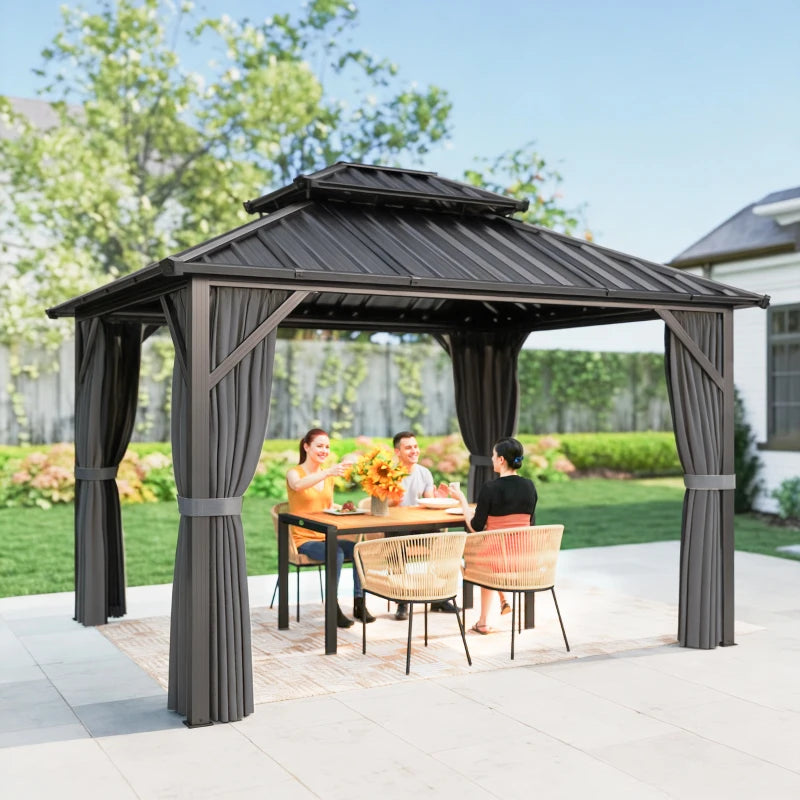 10' x 12' Hardtop Patio Gazebo with Double Galvanized Steel Roof and Aluminum Frame, Outdoor Permanent Gazebo, Dark Grey
