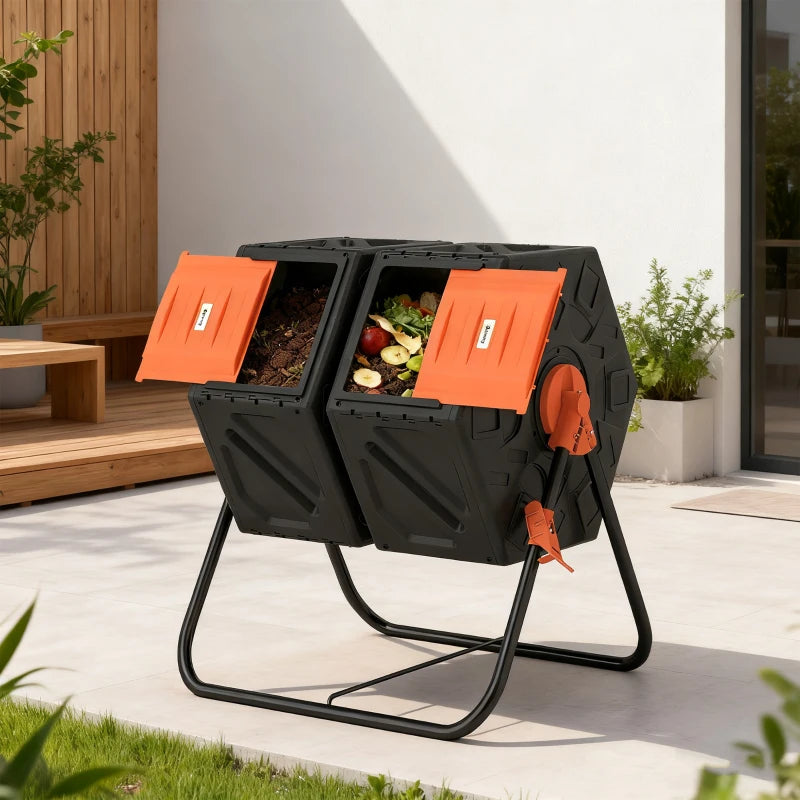 Rotating Composter, Dual Chamber Compost Bin with 24 Vents and Steel Legs, 34.5 Gallon, Orange