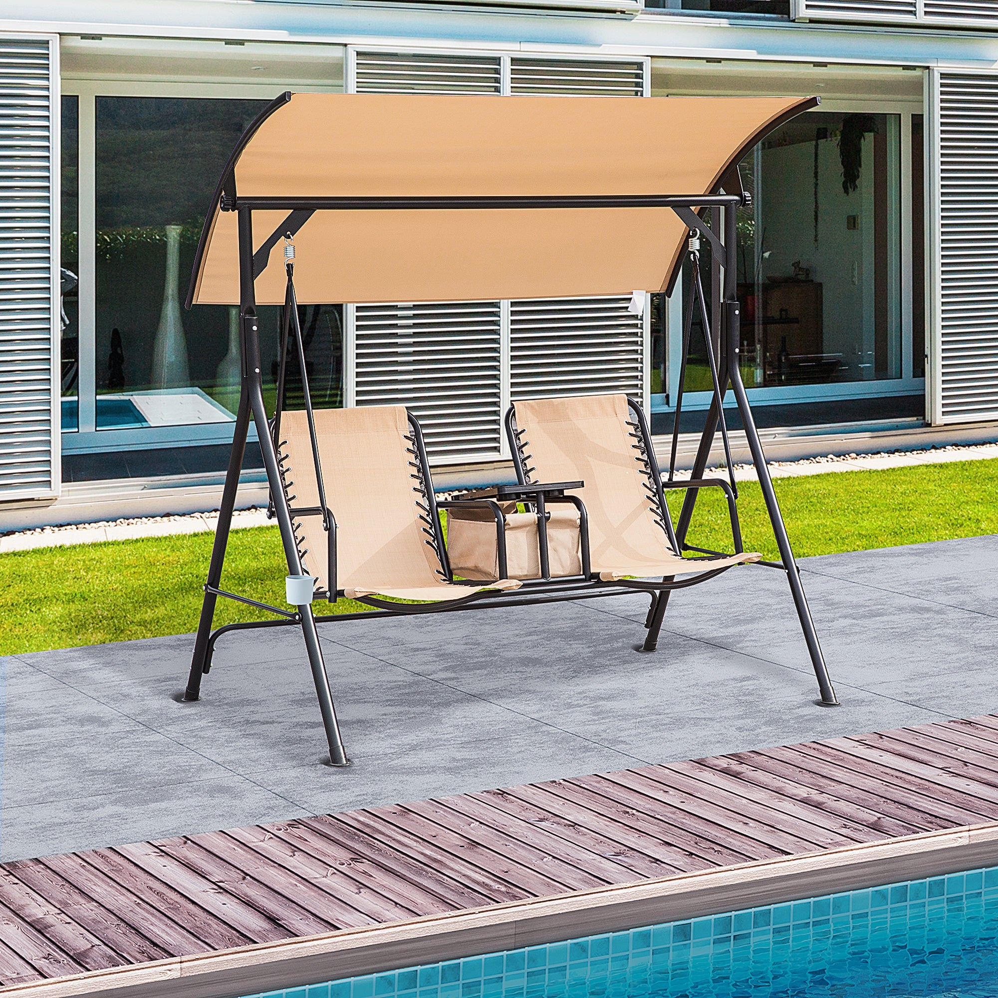 Outsunny Porch Swing: 2-Person Covered Swing with Pivot Table Cup Holder Adjustable Canopy Beige